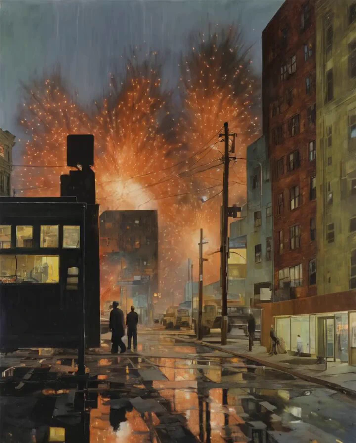In Firelight Reflection, flames burst above damp city streets, casting shimmering reds and oranges across the smoke filled night https://t.co/TlPXkejKeC