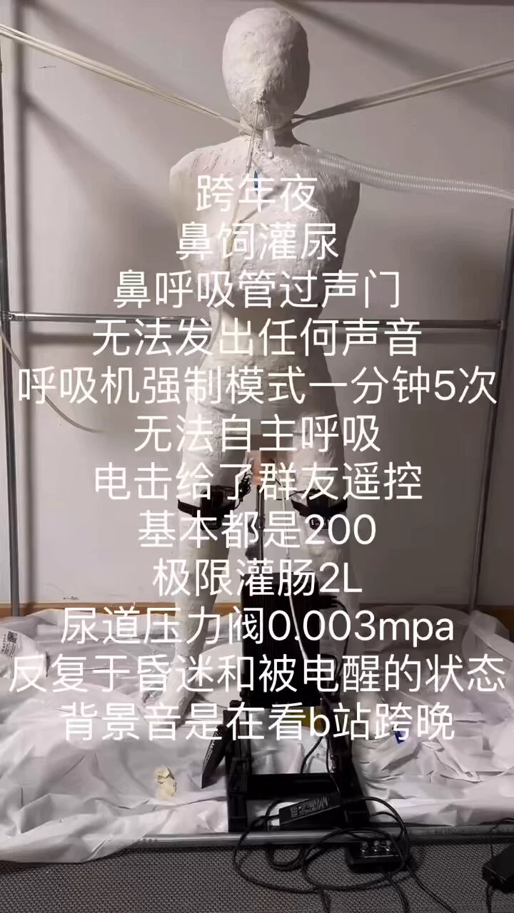 7天石膏全身封闭物化，完工后作为人台换装使用鼻饲尿和混悬液+鼻呼吸管呼吸机强制模式1分钟5次（无法自主呼吸和发声）+每天补充灌肠液+电击郊狼100-200+导尿压力阀0.003mpa+炮机木马等娱乐项目请点赞转发，后面还有好几天没剪呢你们看着办晚上是躺平的，无专业人士监督请勿模仿，可能的危险包括但不限于血栓，压疮，无法恢复自主呼吸等
