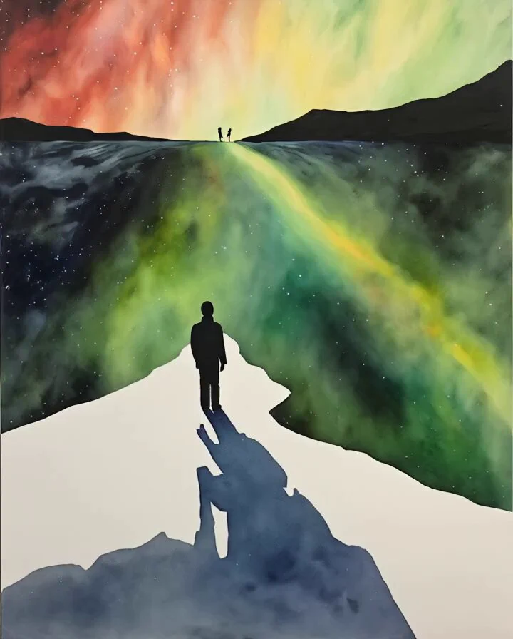 Aurora’s Threshold : Shadows stretch across cosmic light, suggesting both presence and infinite potential https://t.co/ivXuYdOTml