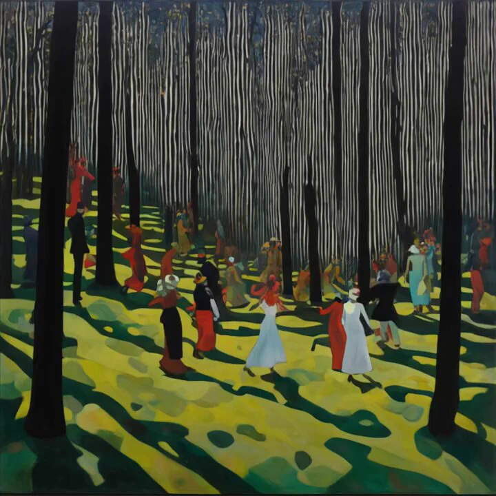 In Sunlit Picnic Waltz, stripes of shadow and light frame an effervescent midday feast beneath the tall trees https://t.co/GASSQBGvpt