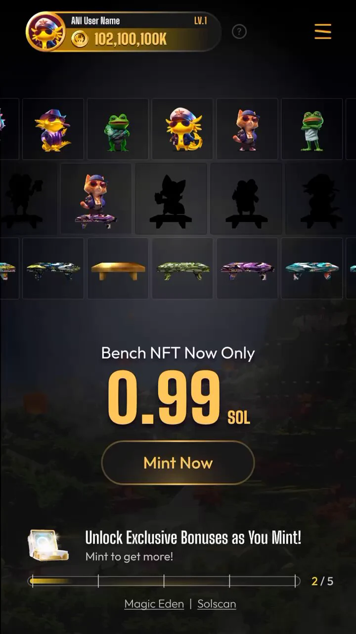 🚀 What’s New: - Optimized character interface for a smoother experience! - Enhanced system performance for faster loading! 🔥 "Bench NFT" now supports interactive displays to make your characters and gear shine! 🎉 Only 20,000 presales available—first come, first served! Each character is unique. Have you found your favorite? 🌟