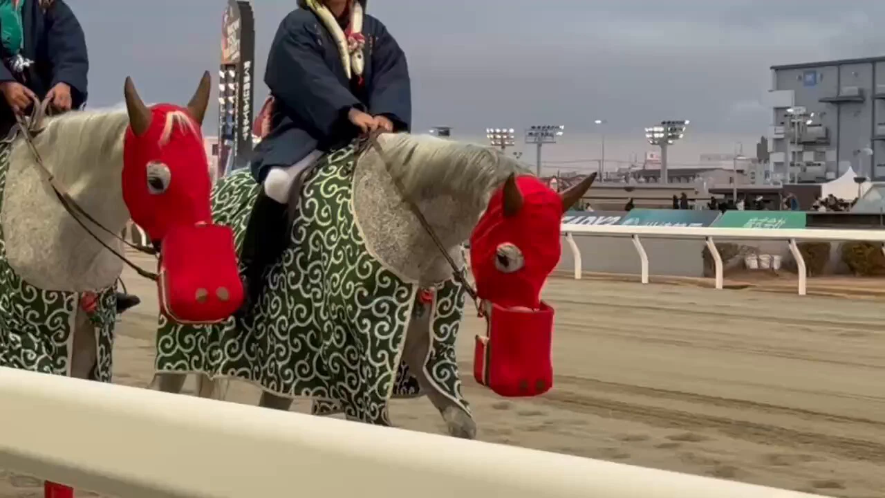 川崎名物 #コスプレ誘導馬 、お正月開催は、コスプレの中でも代表的な #獅子舞 バージョン😀獅子舞コスプレは、例年お正月開催三が日の後半３Ｒですが、今年は明日1/4も登場します🐴お楽しみに！ https://t.co/auumLbh5UP