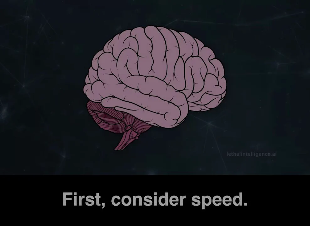 🧵14/34We move like plants---First, consider speed. Informal estimates place neural firing rates roughly between 1 and 200 cycles per second.The AGI will be operating at a minimum 100 times faster than that and later it could be millions of times.What this means is that the AGI mind operates on a different level of existence, where time passing feels different.To the AGI, our reality is extremely slow. Things we see as moving fast, the AGI sees as almost sitting still. In the conservative scenario, where the AI thinking clock was only 100x faster, something that takes 6 seconds in our world feels like 6 hundred seconds or 10 minutes from its perspective .To the AGI, we are not like chimpanzees, we are more like plants.