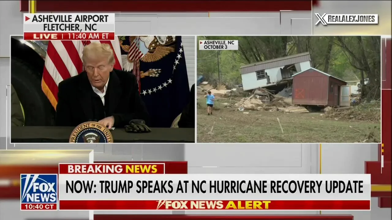 Trump Details Damage From NC Flooding, Announces New Task Force To Fast Track Aid Overriding FEMA and Thanks Elon Musk for Providing Starlink Internet Right After The Storm Saving Lives. Alex Jones Is Breaking It Down Now:https://t.co/rpXvTSxV34 https://t.co/l8UGZKms3D