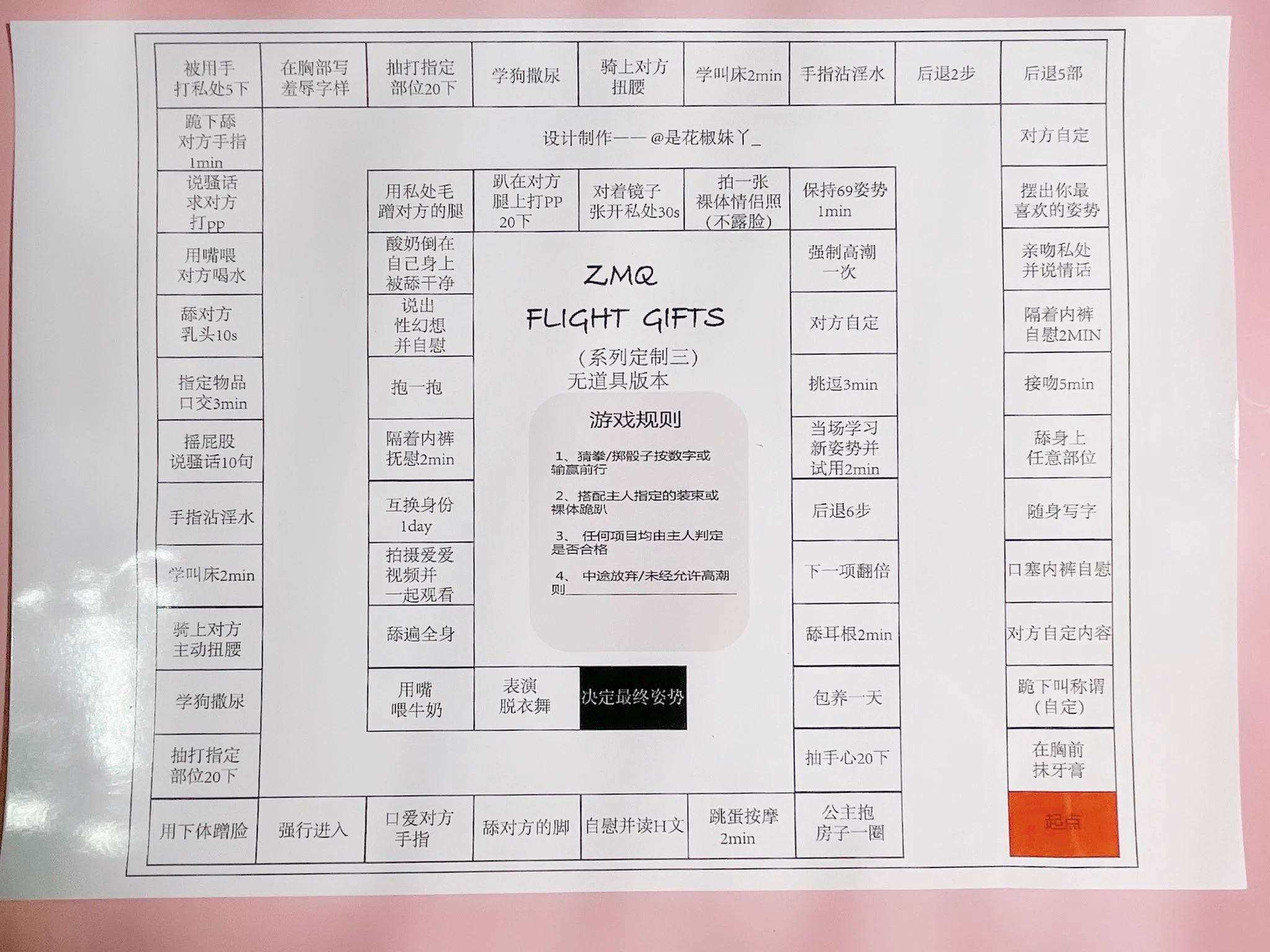 最近蔚蓝计划（其实就是小学生放假了），飞行棋的内容淘宝不让放图片，好多人来问要我清晰图看……我就干脆发推吧！！四张图分别是调教版，情侣版，sp大冒险和无道具新手版。全套加送口娇水和污字纹身贴~~~ https://t.co/I3rq4EY2Pf