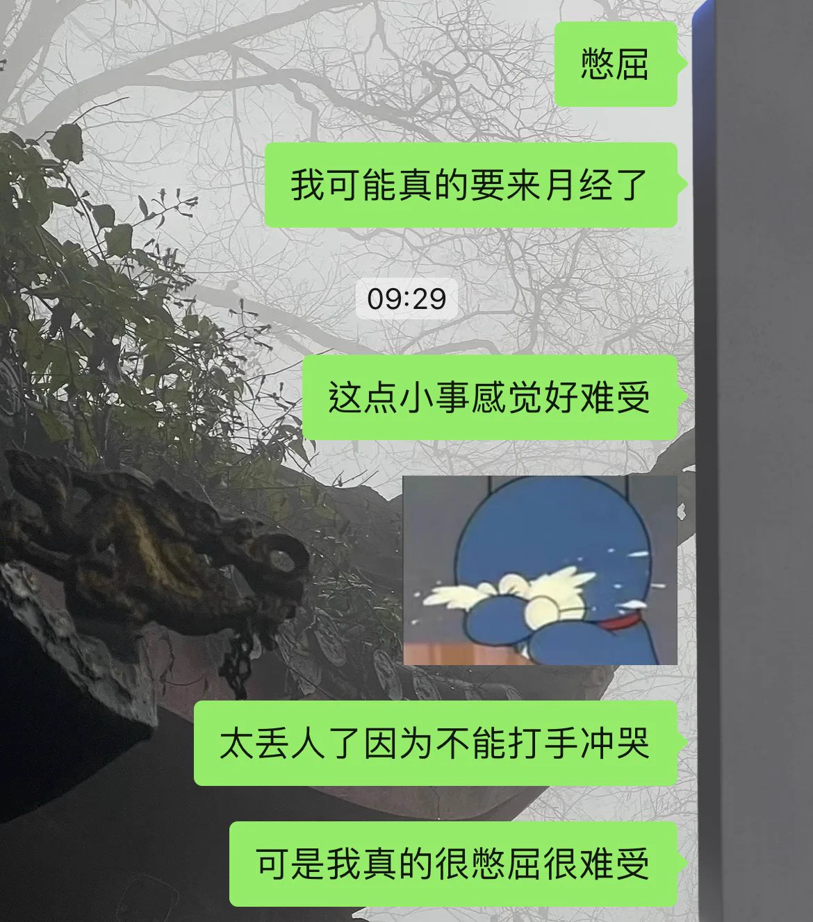 估计真的要来月经了，情绪被极度的放大。竟然因为不能打手冲哭，听起来很荒谬，但是我趴被窝里越想越憋屈，一直想一直想，就流眼泪了…&gt;_&lt;…，好烦好脆弱好莫名其妙 https://t.co/rnCasA3E0V
