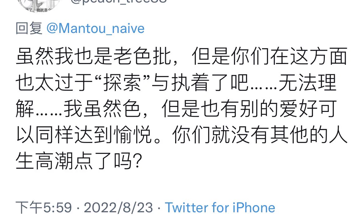 不好意思，我冲浪的原则就是搞黄，满足自己的xp看着色图对着美女prprpr，都上互联网了我还得网上和现实里一个样不成？不需要谁谁谁的理解哈。绝大多数色批网友都有正经工作和正经爱好，色批只是附加属性不是固定职业。你要是觉得我执着于搞黄而没有其他爱好，那只是说明你和我关系就只是分享黄图的网友 https://t.co/aY0GxupVbh