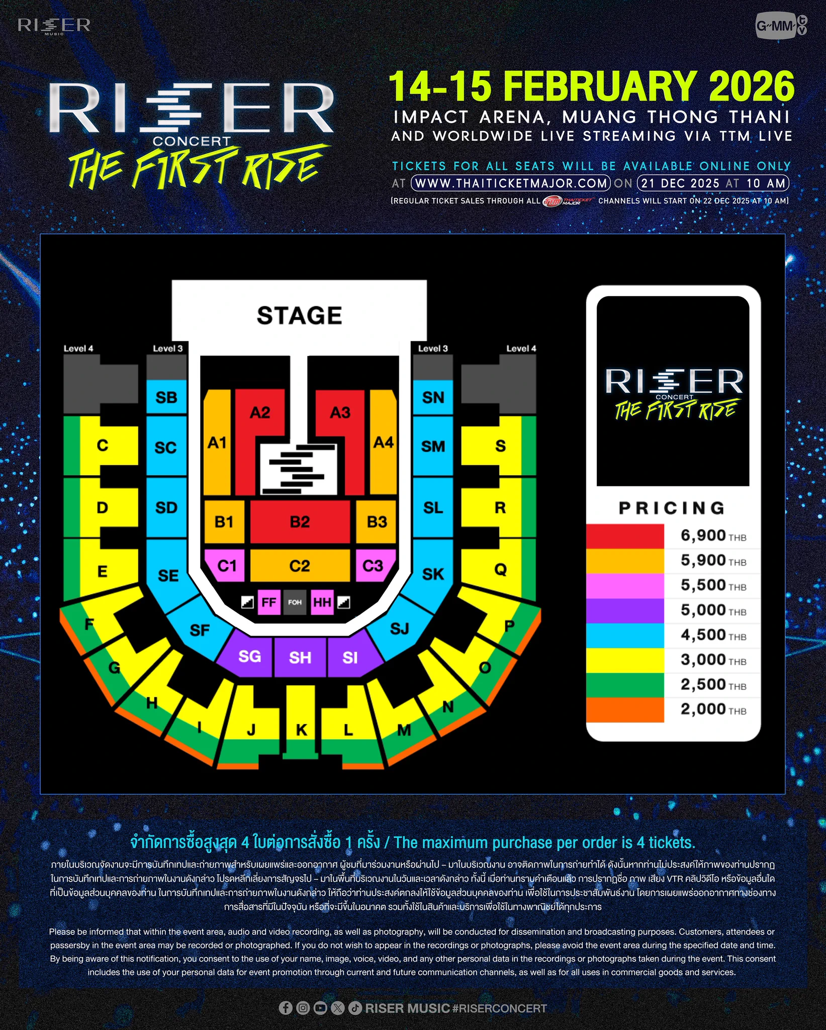 ‘RISER CONCERT : THE FIRST RISE’ 

🗓️ 14-15 FEBRUARY 2026
IMPACT ARENA, MUANG THONG THANI

AND WORLDWIDE LIVE STREAMING VIA TTM LIVE

📌 TICKETS FOR ALL SEATS WILL BE AVAILABLE ONLINE ONLY AT THAITICKETMAJOR ON 21 DEC 2025 AT 10 AM (Regular ticket sales through all Thaiticketmajor channels will start on 22 Dec 2025 at 10 AM)

🔗 MORE INFO https://t.co/5SMCTxSdln

#RISERCONCERT
#RISERMUSIC
#GMMTV