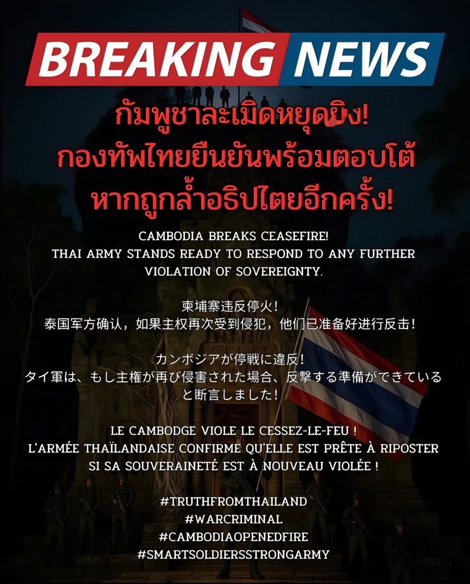 ทุกคน ช่วยกันแชร์ออกไปให้โลกได้รู้ว่า กัมพูชาเป็นฝ่ายละเมิดข้อตกลงหยุดยิjก่อน ทำร้ายชาวบ้านผู้บริสุทธิ์ ช่วยกันส่งเสียงออกไปด้วยนะคะ

#ชายแดนไทยกัมพูชา
#TruthFromThailand 
#CambodiaOpenedFire https://t.co/CC4jzg2nKX