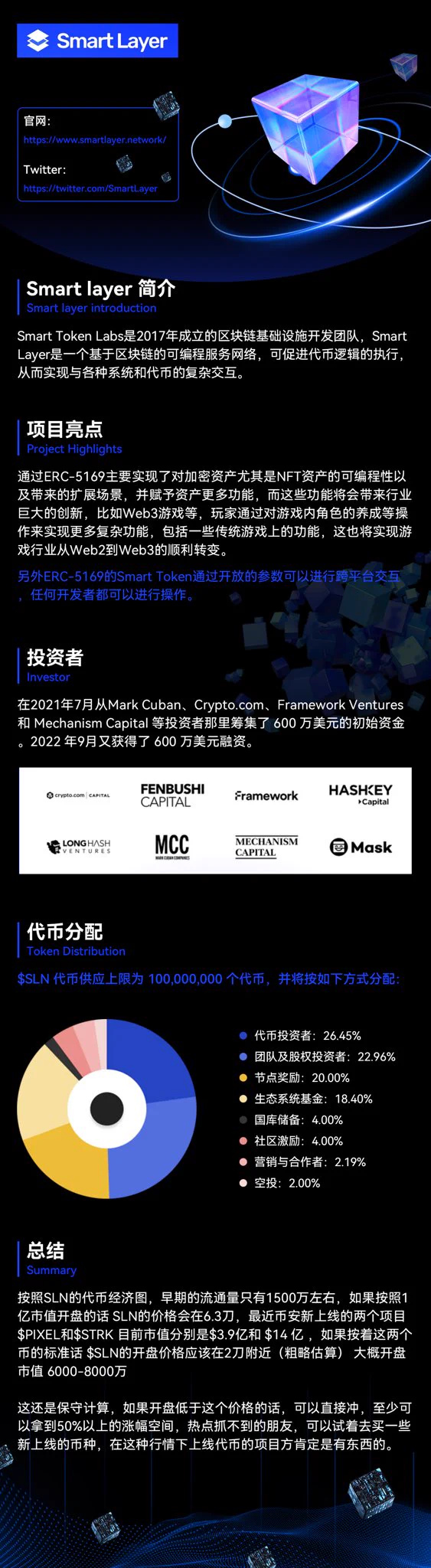 这个明天上线，16:00上OKX，目前 $SLN @SmartLayer 已在 #OKX  开通充值通道，Smart Layer 是一种独特的解决方案，可解决数字环境中的集成、隐私和信任挑战，融资了1200万搞了点空投福利给大家，社群里收集地址😋可以参与一下 https://t.co/fTmsSCHlqs