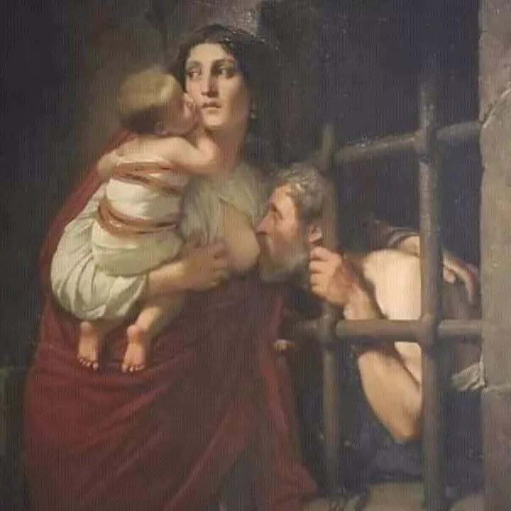 Roman Charity今日藝術課講到這幅畫。婦女去監獄，偷餵奶給遭監禁並被判處飢餓死刑的父親。獄卒發現後，女人的無私行為感動大家，她父親也被釋放。老師說文藝復興時期和巴洛克時期的繪畫很多都有亂倫色彩😂😂😂看來藝術家跟我們平常人的認知不太一樣🥵 https://t.co/QwCZnDGi4G