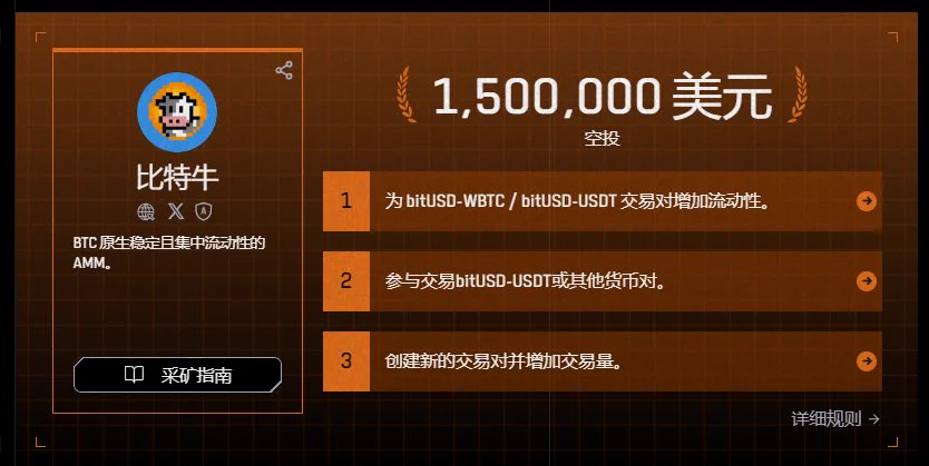 🧵（ 3 / 9 ）🔶BitCow交互🎁空投总量5%代币，价值150万美元🔷小资金优先参与此项目交互，兑换大于20UWBTC即可，再用10UWBTC兑换BitUSD传送门：https://t.co/RwaLiu0RcL1⃣为bitusD-WBTC/bitUSD-USDT 交易对增加流动性2⃣参与交易bitusD-USDT或其他货币对3⃣创建新的交易对并增加交易量。官方详细教程：https://t.co/8AtojXu4j2
