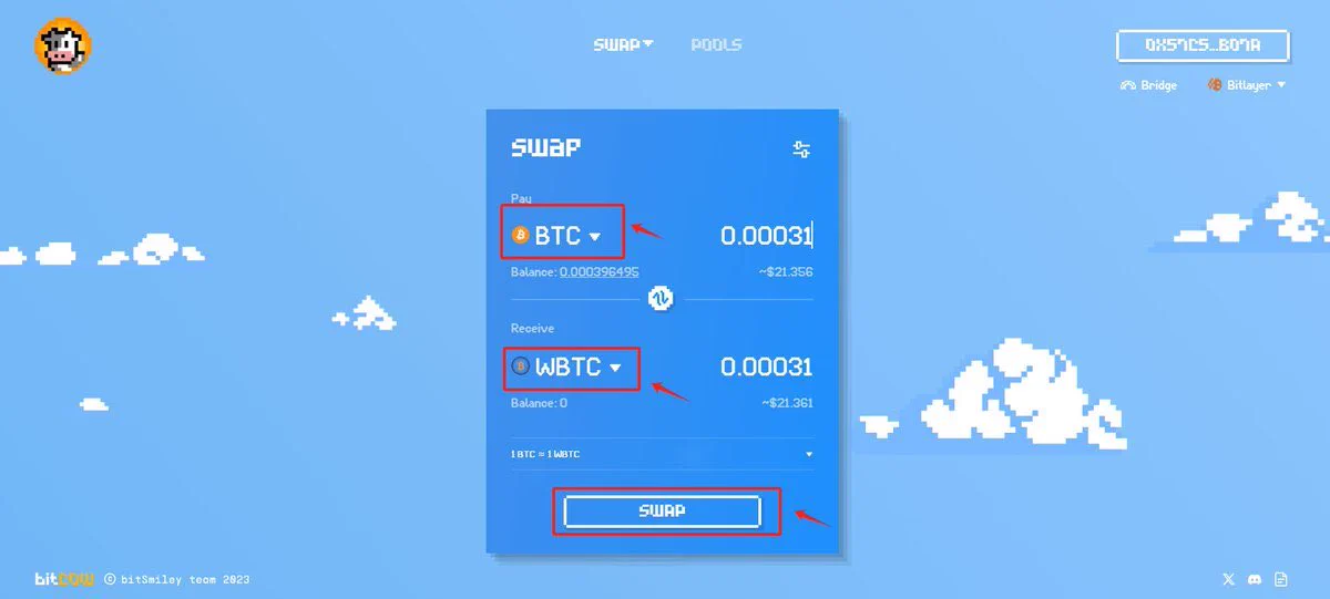 🧵（ 3 / 9 ）🔶BitCow交互🎁空投总量5%代币，价值150万美元🔷小资金优先参与此项目交互，兑换大于20UWBTC即可，再用10UWBTC兑换BitUSD传送门：https://t.co/RwaLiu0RcL1⃣为bitusD-WBTC/bitUSD-USDT 交易对增加流动性2⃣参与交易bitusD-USDT或其他货币对3⃣创建新的交易对并增加交易量。官方详细教程：https://t.co/8AtojXu4j2