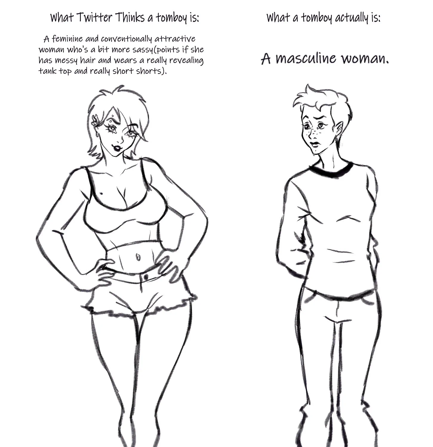 I am tired of people on this app using the word "tomboy" to describe feminine women who are just a bit more sassy. So I drew this sketch to clear up what the word "tomboy" actually means. https://t.co/oben4nG00g