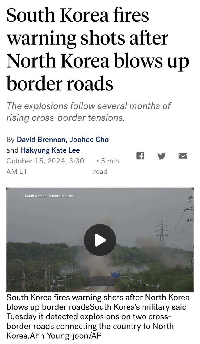 北韩忙着炸掉边境公路，南韩则抵近军事分界线射击南韩本国领土一侧作为警告。 https://t.co/c5o5PzQ4RS