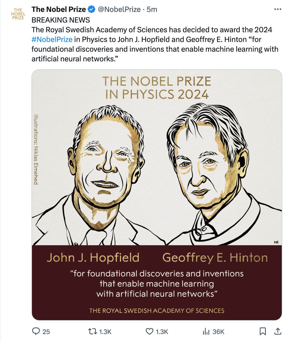 诺贝尔物理学奖给了Hinton了，

我操哈哈哈哈哈哈哈哈哈哈哈哈 https://t.co/5uPb2ACMTp