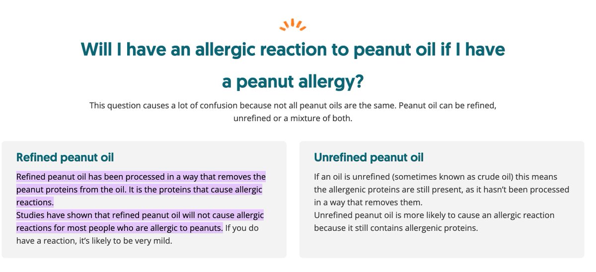 @zhengzh315 Anaphylaxis UK：

只要是精炼花生油，只要你别在家里瞎几把自己榨油吃，花生过敏患者是完全可以吃花生油的。 https://t.co/yipsJc0I9z