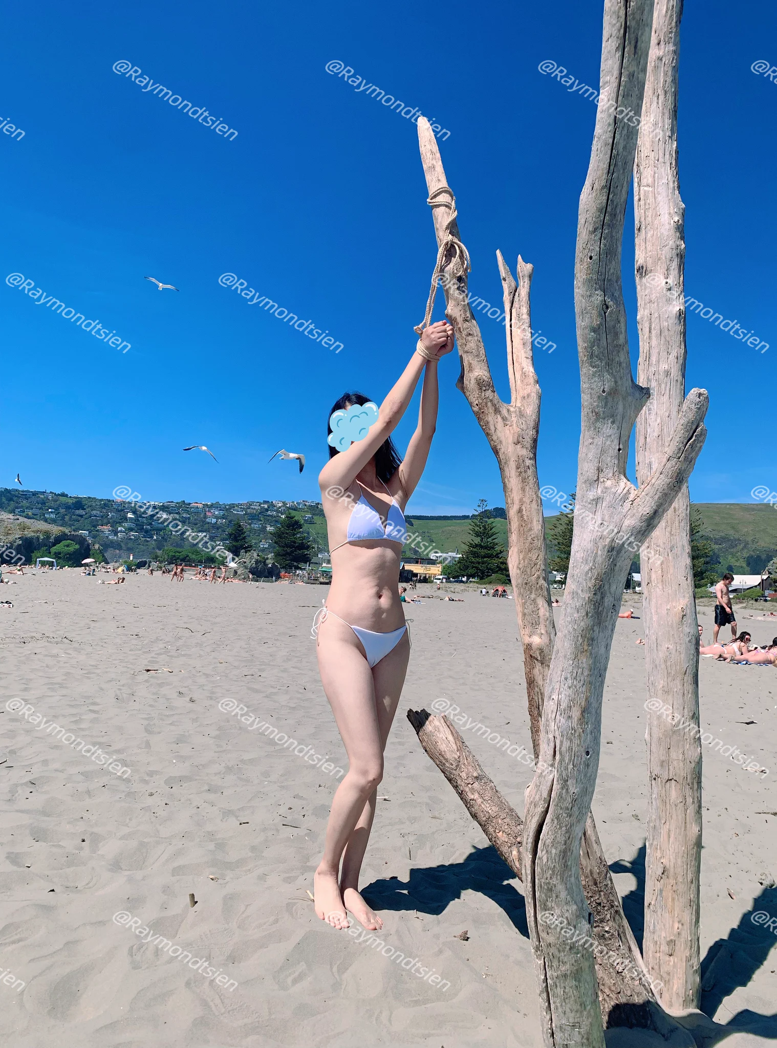 这算公开处刑吗？在一处人很多的公共沙滩上，将她捆绑双手吊在枯木上，放置10分钟。周围人来人往，十几米外还有十几个年轻人在聚会。人家女孩穿比基尼趴着躺着晒阳光浴，她是绑着吊着晒阳光浴。关键是人家还笑眯眯的观赏着她，羞的她想挖个洞钻进去。放下来的时候比基尼三角裤都被流湿了。 https://t.co/6YJKQN4jP8