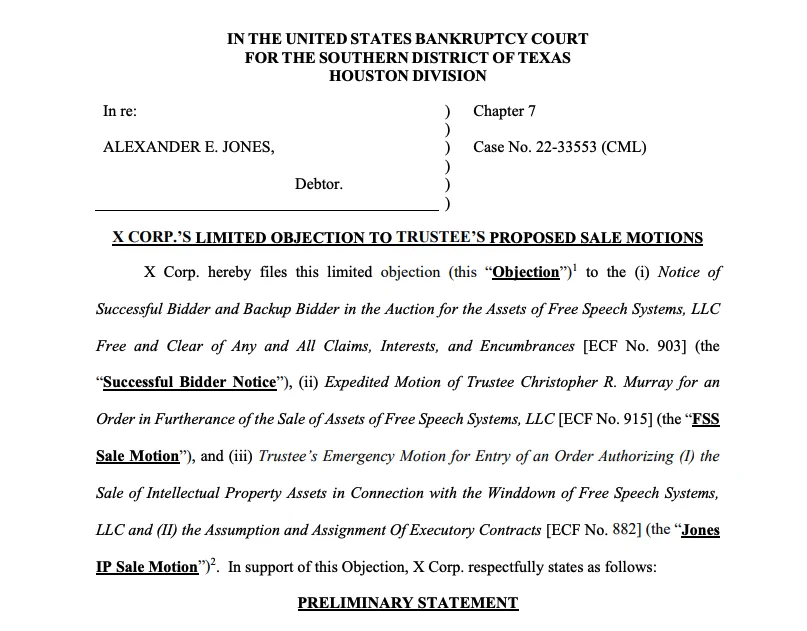 🚨BREAKING: Elon Musk's X Corp. Objects To The Sale or Transfer of Any X Accounts Maintained By Alex Jones or InfoWars In Court Filing

Full Filing: https://t.co/ECgGxITmqp
Watch Live: https://t.co/qdOYnVGtyz https://t.co/hTauDn1Jva
