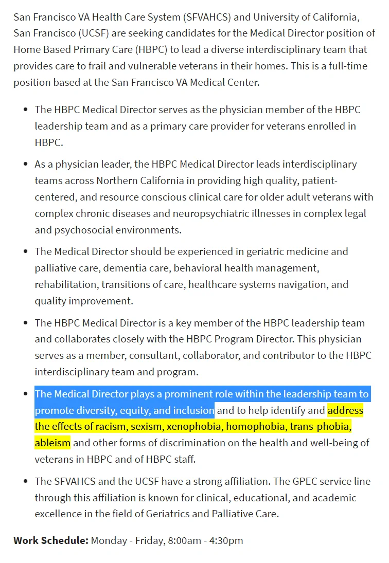 For years now, the Federal government has included ridiculous DEI requirements in practically all job descriptions.Medical directors, the doctors in charge, of VA hospitals are required to promote DEI &amp; "address xenophobia and transphobia" to get hired. https://t.co/BVCgVreDMk