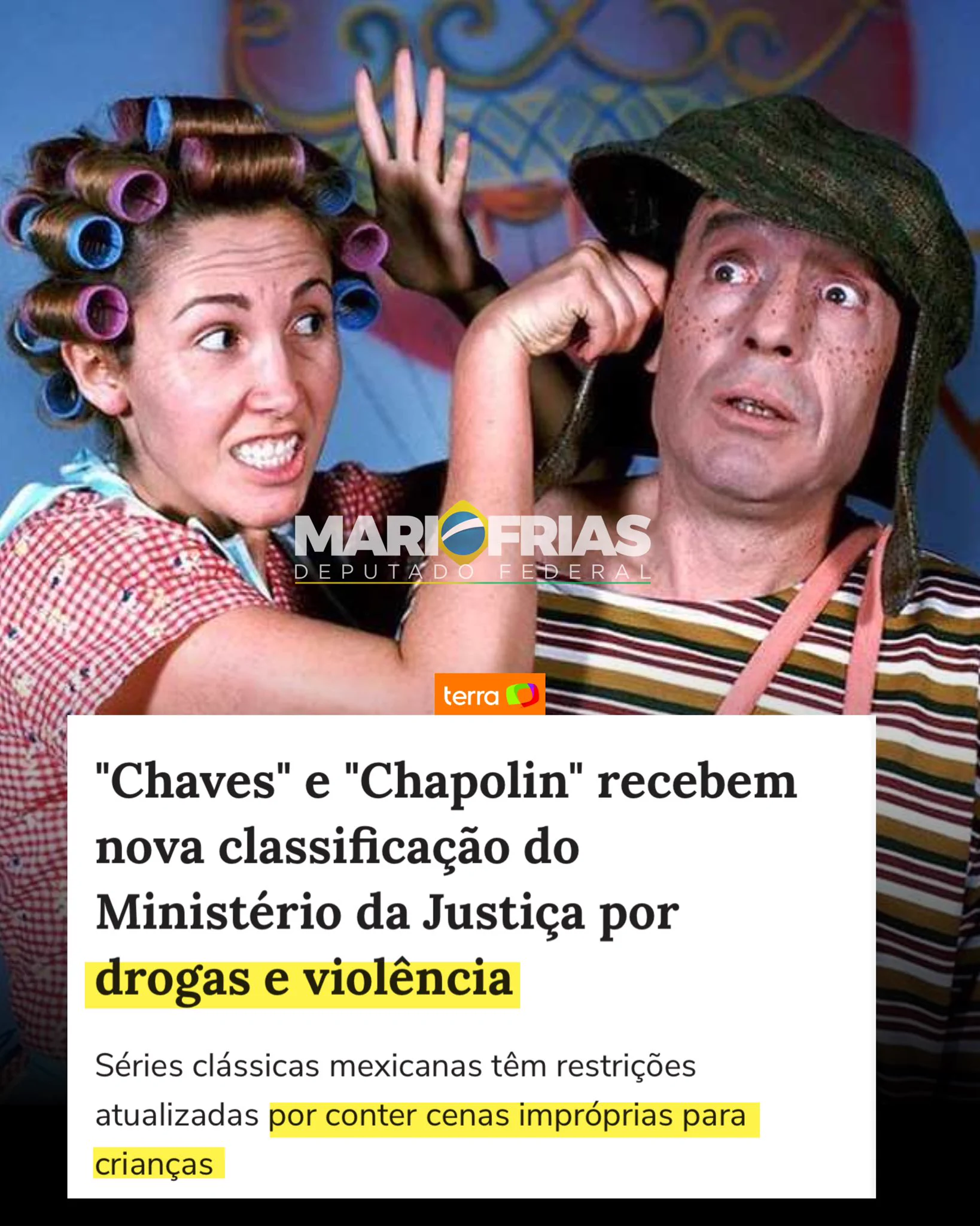 O Ministério da Justiça reclassificou Chaves e Chapolin. Chaves agora não é recomendado para menores de 10 anos, por conter drogas lícitas e violência fantasiosa.Já o Chapolin não é indicado para menores de 12 anos, por ter drogas lícitas e violência - sendo recomendada exibição após às 20h na TV aberta.A nova classificação foi publicada ontem no Diário Oficial da União.Falar em “violência fantasiosa” e “drogas lícitas” como justificativa é tratar o povo brasileiro como incapaz de discernir o que é entretenimento de qualidade e inofensivo.Enquanto o país enfrenta uma crise de violência real, com milhares de vidas ceifadas todos os anos, o governo prefere gastar tempo impondo censura em obras culturais que são patrimônio da nossa memória coletiva. Essa decisão é mais um exemplo do paternalismo estatal que tenta controlar até o que as famílias assistem em casa, desrespeitando nossa inteligência e autonomia.Essa decisão não é apenas absurda, é sintomática de um governo que prioriza a engenharia social sobre a proteção de sua população. É preciso rejeitar, com veemência, esse intervencionismo estatal mascarado de cuidado. Não aceitaremos a tutela ideológica sobre nossas memórias e valores!