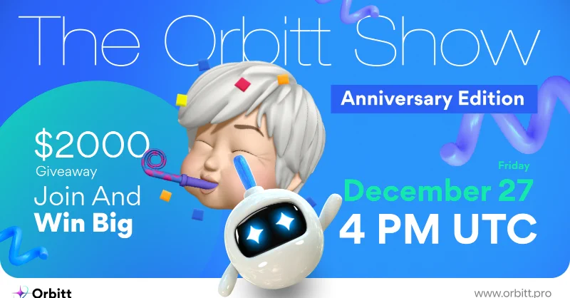 Set Reminders Dec 27, 4 PM UTC! 🌟⬇️https://t.co/OQFMo6Jdg9✨Staking Launch🤑 Win $2000🤔 CEX Listing. How⬇️1️⃣ Share Orbitt moment2️⃣ Post tagging @orbitt_ai &amp; 3 crypto friends3️⃣ Add your tweet link &amp; guess the CEX in 💬👇🏻🎁 Winners LIVE during the show! Must join to win! https://t.co/QOg9utps78