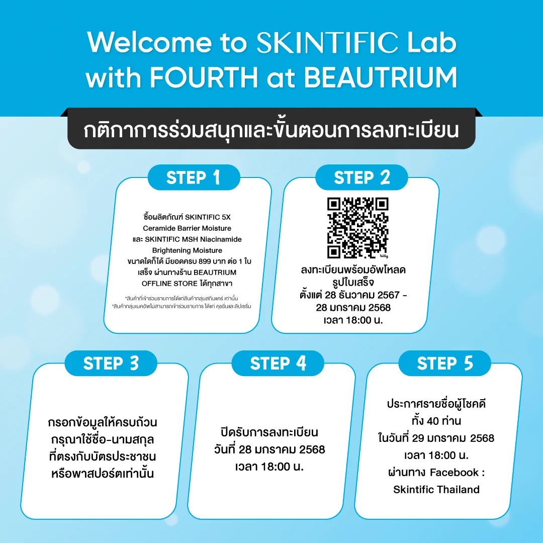 ลุ้นเป็น 40 LUCKY FANS ร่วมงานอีเว้นท์ Welcome to SKINTIFIC Lab with FOURTH at BEAUTRIUM พร้อมสิทธิพิเศษอื่นๆอีกมากมาย!ซื้อสินค้า SKINTIFIC 5X Ceramide Barrier Moisturizer และ SKINTIFIC MSH Niacinamide Brightening Moisture ขนาดใดก็ได้ ผ่านทางร้าน BEAUTRIUM OFFLINE STORE ได้ทุกสาขา และมียอดซื้อขั้นต่ำ 899.- ใน 1 ใบเสร็จ รับ 1 สิทธิ์ร่วมลุ้นเป็น 40 สิทธิ์ ได้รับที่นั่งโซนพิเศษในงานอีเว้นท์ Welcome to SKINTIFIC Lab with FOURTH at BEAUTRIUM ในวันที่ 2 กุมภาพันธ์ 2568📆ร่วมสนุกได้ตั้งแต่ 28 ธ.ค. 67 - 28 ม.ค. 68📌ลงทะเบียนและอ่านรายละเอียดกติกา: https://t.co/l9aaNLvRWA🥤ประกาศผลผู้โชคดี 29 ม.ค. 68 เวลา 18:00 น.*หมายเหตุ: สำหรับการสั่งซื้อผ่านช่องทาง Online จะไม่สามารถร่วมกิจกรรมได้*สินค้าที่เข้าร่วมรายการได้แก่สินค้ากลุ่มสกินแคร์ เท่านั้น*สินค้ากลุ่มเมคอัพไม่สามารถเข้าร่วมรายการได้ ได้แก่ คุชชั่นและลิปเซรั่ม#FourthxSkintific5X#SKINTIFICXFOURTH #5Xโฟร์ทใช้แล้วดีมัมหมีใช้ยัง