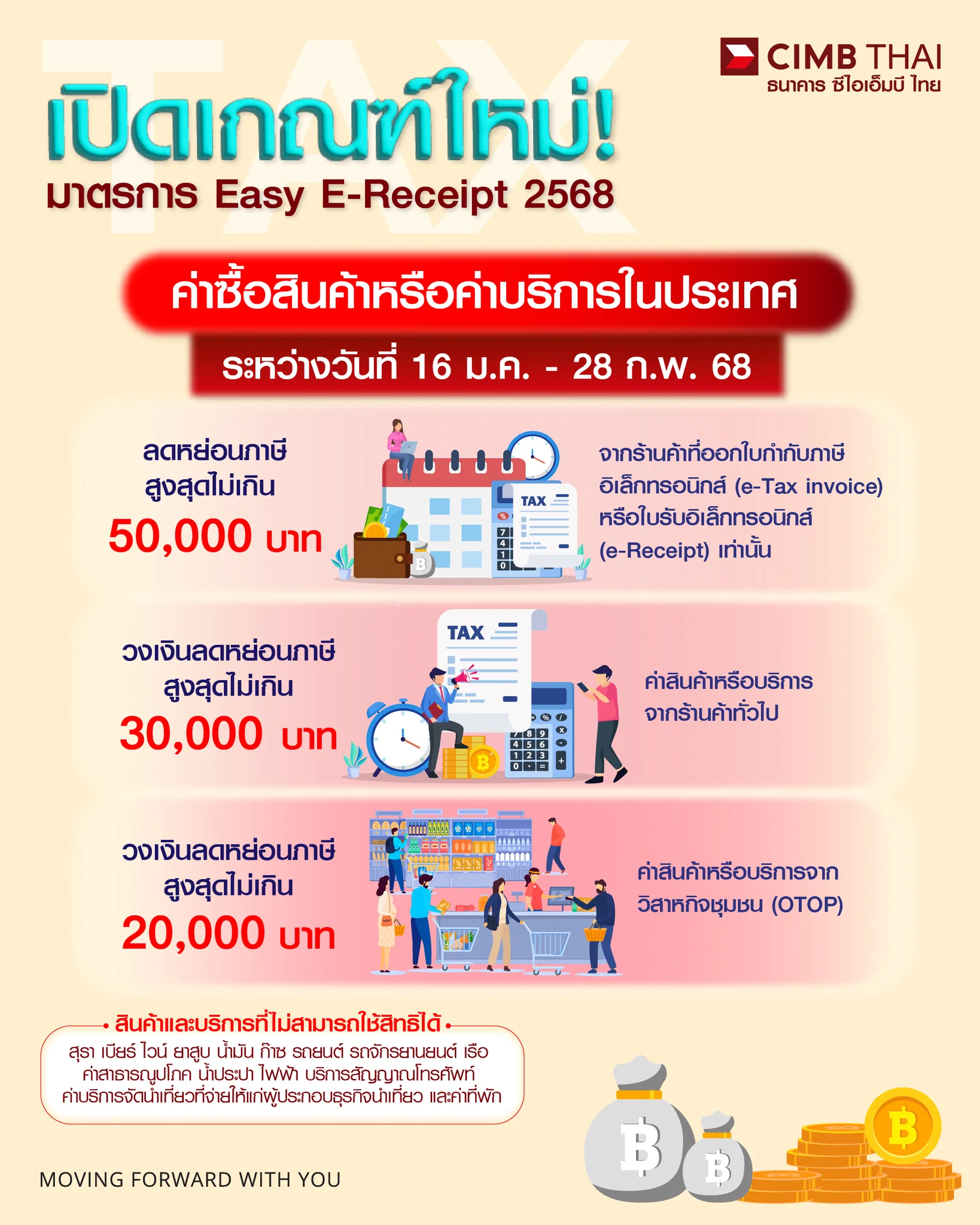 มาเช็กรายละเอียด 📌มาตรการใหม่! Easy E-Receipt 2568 ซื้ออะไร ลดหย่อนภาษีได้ค่าซื้อสินค้าหรือค่าบริการจากร้านค้าที่ออกใบกำกับภาษี/ใบรับในรูปแบบอิเล็กทรอนิกส์ระบบ e-Tax Invoice & e-Receipt ตั้งแต่วันที่ 16 ม.ค. - 28 ก.พ. 68สามารถนำมาลดหย่อนภาษีเงินได้บุคคลธรรมดาสูงสุด 50,000 บาท ในปีภาษี 2568อ่านเพิ่มเติมคลิก 👉 https://t.co/x0dZRxnCk7#CIMBTHAIBANK #ธนาคารซีไอเอ็มบีไทย #MOVINGFORWARDWITHYOU #CIMBTHAIเอาใจใส่ทุกเรื่องการเงิน #EasyEReceipt