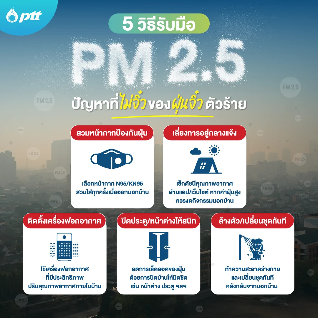 #PM25 กลับมาแล้ว! แต่ไม่ต้องกังวลไป เพราะวันนี้เรามี 5 ทริกง่าย ๆ มาป้องกันตัวเองจากมลพิษอากาศตัวร้าย เพื่อสุขภาพที่ดีของทุกคน! 🫶✨.#PTT #ปตท #SustainableWithIn #ฝุ่น https://t.co/6XAQGA823s