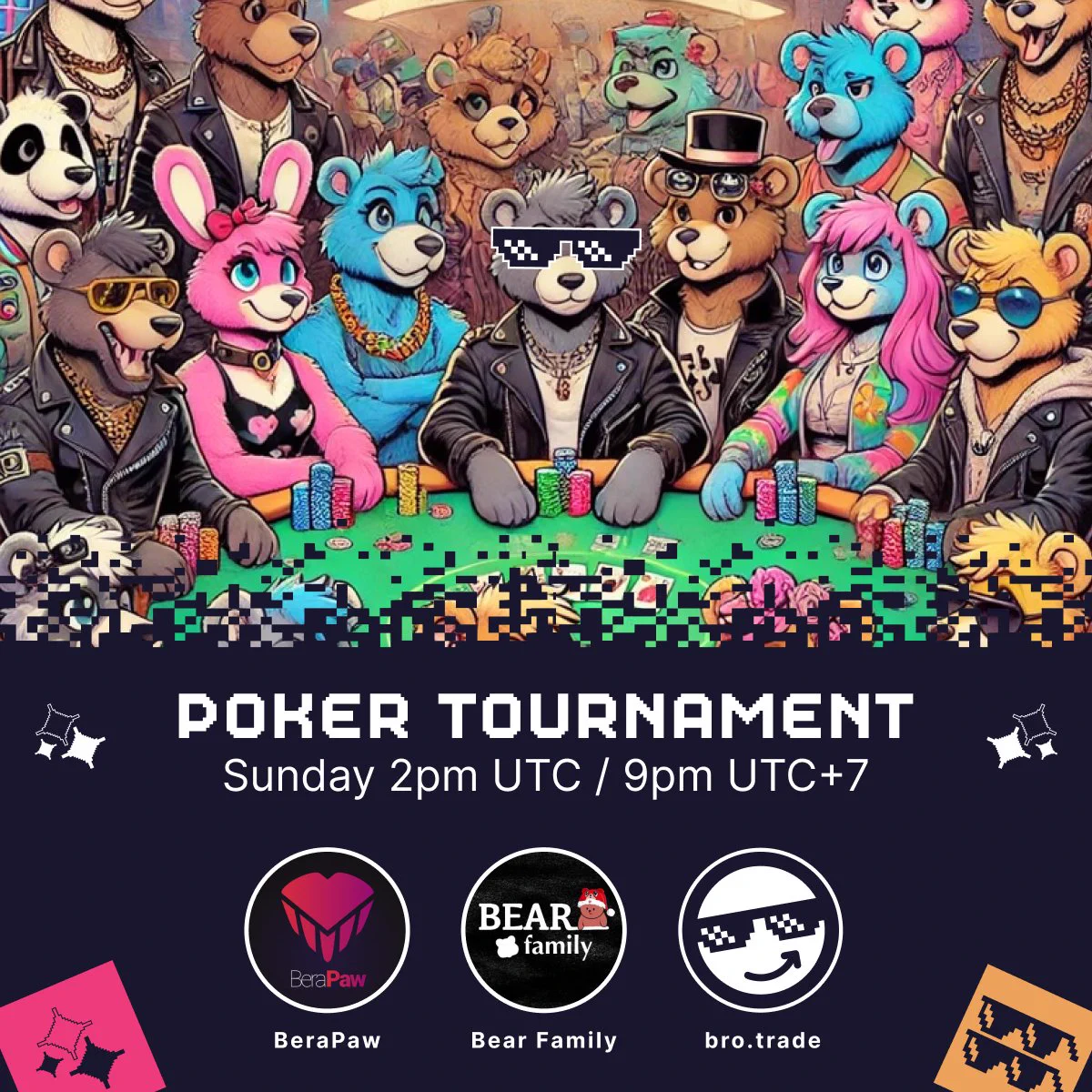 Henlo Bros & Baddie Bros 🐻⛓️We’re stoked to announce our Poker Tournament... featuring our gud #berachain friends at @0xBeraPaw & @VNBearfamily 4 prize spots up for grabs w/ USDC Prizes 💰Fink you can go all in and take the prize? Prove it at the table. ♠️♣️♥️♦️The tournament will take place on Sunday, January 19th at 2 PM UTC ⏰The time is now to get your Bro on, Paw 'Em Up, and join the Bear Family!Rules: 🛂1. Follow @brotrade_DEX + @0xBeraPaw + @VNBearfamily 2. Like & RT this post ✅3. Join our Discord for Full Requirements & Poker Now registration link https://t.co/pt26VNEjic🏆 Top Reward: 1x PawPal NFT + SuperBro role in https://t.co/scCRjabgCP + 🪙 bropoints (WOW) + OG role in BeraPaw + 1,000 $LBGT