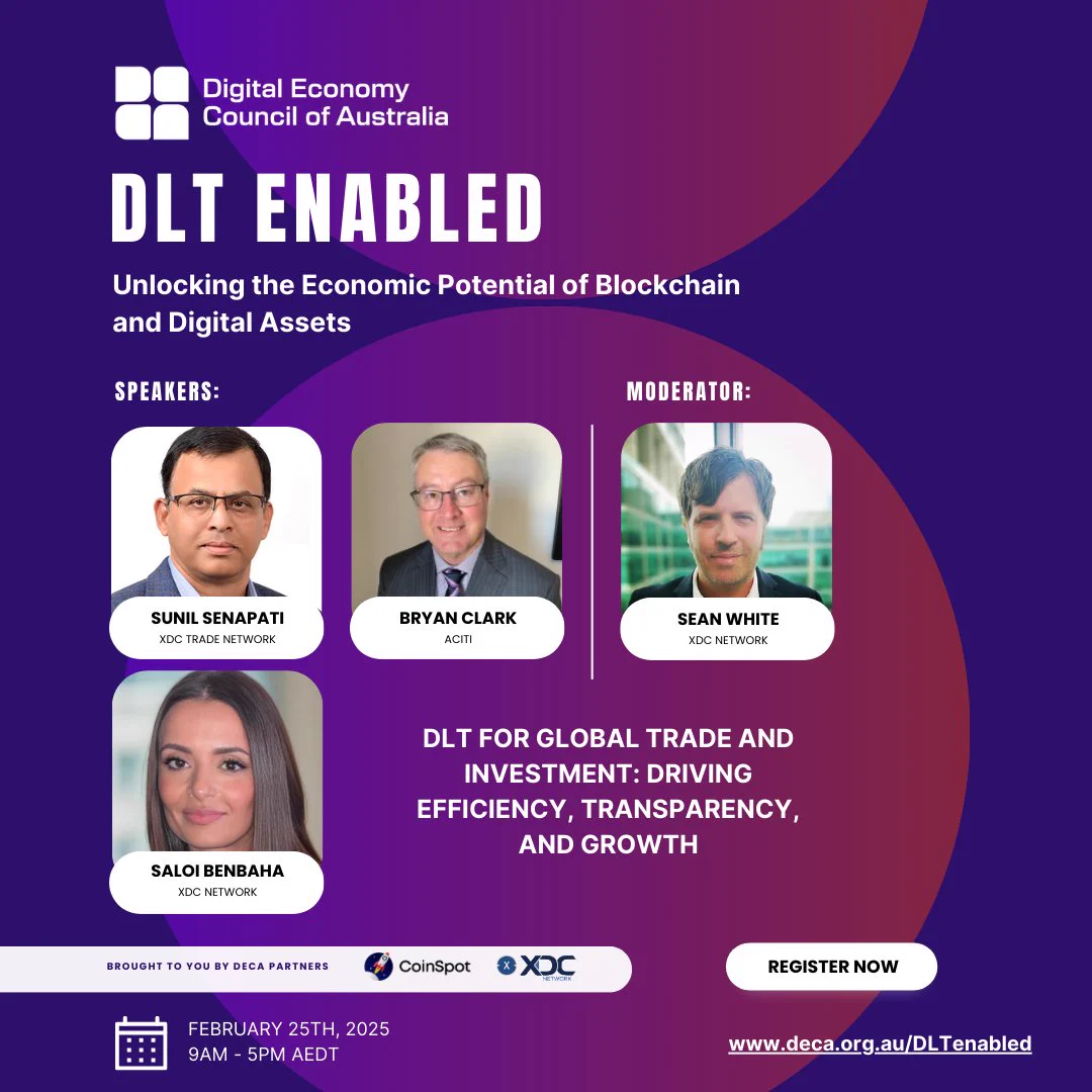 XDC Network’s foundational partnership with @DECAustralia continues into 2025, supporting the #Web3 peak professional body’s expansion into the #DigitalEconomy in Australia with a key sponsorship of their landmark DLT Enabled Summit.Delving into six key themes, the free online event will offer cutting-edge insights into how DLT is reshaping trade finance, digital assets, payments, tokenization, decentralized finance, and data ownership. Gain a deeper understanding of how these technologies are creating tangible economic and social value across global markets - be sure to register your place!We at @XDC_Network_ also wish to highlight our colleagues’ involvement, including a Trade Finance panel in this year’s DLT Enabled Online Summit! For the first time, Trade gets a spotlight – as web3 has made tremendous strides in trade document tokenization, title transference, instant & atomic payments, and trade finance distribution opportunities for the continuum of SMEs to larger Corporations.Early in the day, Santosh Vishwasrao of #XDCPayments contributes to the “Blockchain Powered Cross-Border Payments” panel - then later in the day, you may find @SaloiBenbaha , @SunilSenapatiGo , and Bryan Clark (ACITI) are bringing awareness to the leading edge of RWA Tokenisation in International Trade and Investment - and explore this new asset class of private debt ( @SeanoftheWeb3 of @XDC_Australia is the moderator for this exciting discussion). Explore how DLT streamlines trade processes, reduces fraud - and unlocks billions in global trade value for all sides, driving economic growth through efficiency, programmability, and transparency.Attendees will discover strategic approaches and the latest advancements, demonstrating DLT’s central role in enhancing global economic activities across the digital economy in various utilities.This all-day online summit will provide deep insights into how Distributed Ledger Technology (DLT) is fundamentally reshaping the digital economy worldwide.XDC Network is a proud sponsor of #DLTEnabled2025 and a Foundational Partner of DECA.📅February 25, 2025🕰️ 9:00 AM – 5:00 PM AEDT📍 Online & FreeFor more details and to register, visit: https://t.co/rnjAJqesPvRegister Today:https://t.co/D4hTcE0NYE#MLETR #BlockchainTechnology #DLT #Blockchain #Trade #BetterThanPaper #TradeFinance #TradeFi #RWA #Tokenisation #XDC #auspol