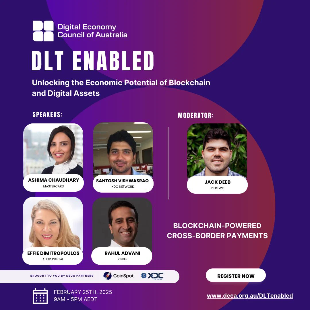 XDC Network’s foundational partnership with @DECAustralia continues into 2025, supporting the #Web3 peak professional body’s expansion into the #DigitalEconomy in Australia with a key sponsorship of their landmark DLT Enabled Summit.Delving into six key themes, the free online event will offer cutting-edge insights into how DLT is reshaping trade finance, digital assets, payments, tokenization, decentralized finance, and data ownership. Gain a deeper understanding of how these technologies are creating tangible economic and social value across global markets - be sure to register your place!We at @XDC_Network_ also wish to highlight our colleagues’ involvement, including a Trade Finance panel in this year’s DLT Enabled Online Summit! For the first time, Trade gets a spotlight – as web3 has made tremendous strides in trade document tokenization, title transference, instant & atomic payments, and trade finance distribution opportunities for the continuum of SMEs to larger Corporations.Early in the day, Santosh Vishwasrao of #XDCPayments contributes to the “Blockchain Powered Cross-Border Payments” panel - then later in the day, you may find @SaloiBenbaha , @SunilSenapatiGo , and Bryan Clark (ACITI) are bringing awareness to the leading edge of RWA Tokenisation in International Trade and Investment - and explore this new asset class of private debt ( @SeanoftheWeb3 of @XDC_Australia is the moderator for this exciting discussion). Explore how DLT streamlines trade processes, reduces fraud - and unlocks billions in global trade value for all sides, driving economic growth through efficiency, programmability, and transparency.Attendees will discover strategic approaches and the latest advancements, demonstrating DLT’s central role in enhancing global economic activities across the digital economy in various utilities.This all-day online summit will provide deep insights into how Distributed Ledger Technology (DLT) is fundamentally reshaping the digital economy worldwide.XDC Network is a proud sponsor of #DLTEnabled2025 and a Foundational Partner of DECA.📅February 25, 2025🕰️ 9:00 AM – 5:00 PM AEDT📍 Online & FreeFor more details and to register, visit: https://t.co/rnjAJqesPvRegister Today:https://t.co/D4hTcE0NYE#MLETR #BlockchainTechnology #DLT #Blockchain #Trade #BetterThanPaper #TradeFinance #TradeFi #RWA #Tokenisation #XDC #auspol