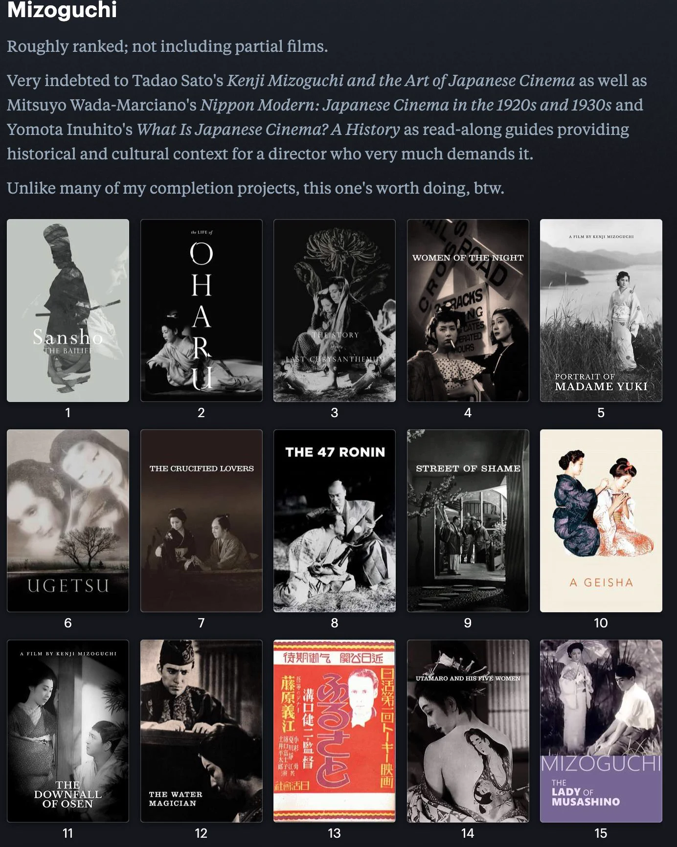 I finished Mizoguchi's filmography. Of the 31 extant &amp; complete films, nearly all of them are great. A miracle that we have these, though the Mizoguchi scholars weep over the masterpieces we've lost. Here's a recommendation guide: https://t.co/nNzn5fZ1pB https://t.co/6T1WbiT0ug
