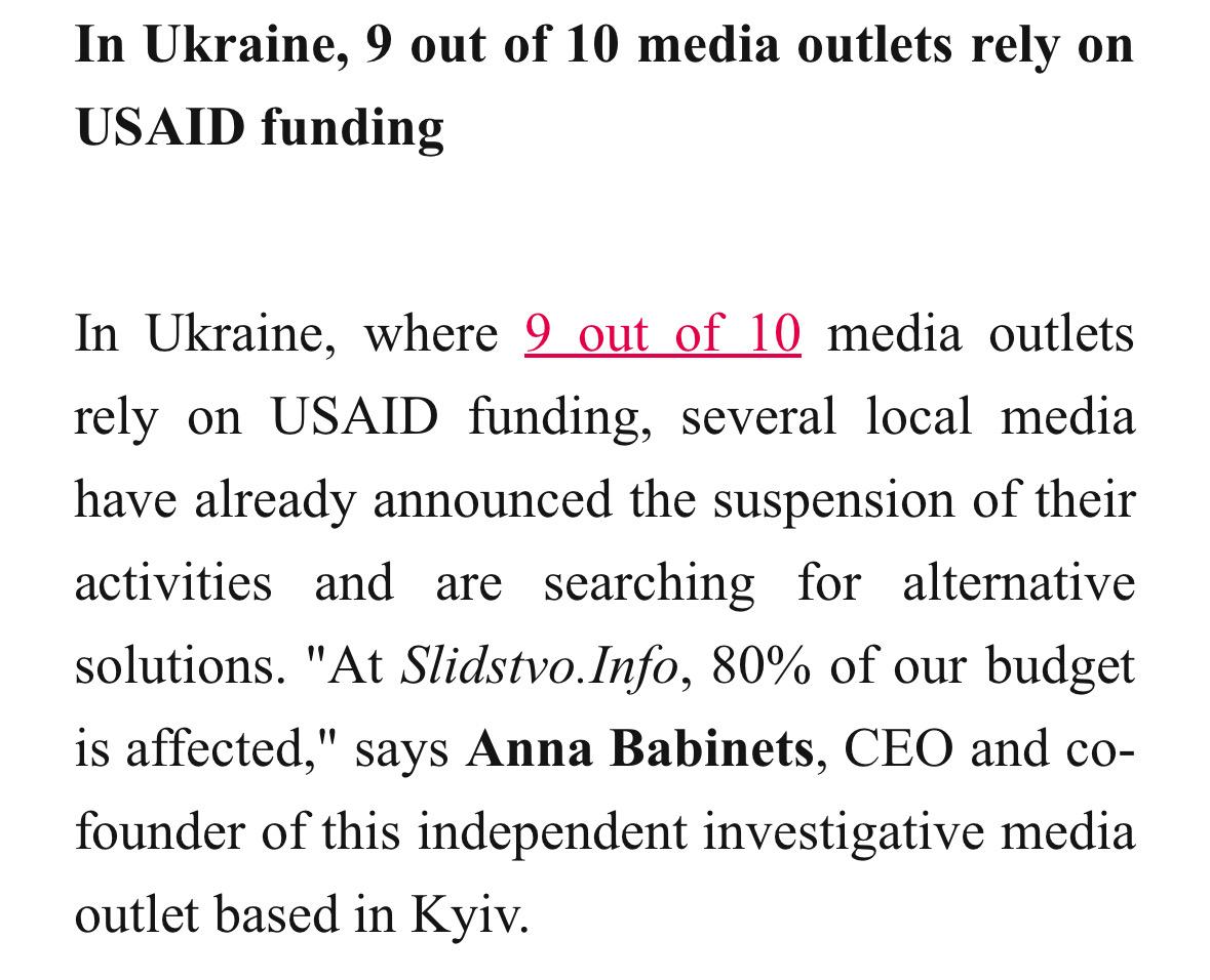 USAID was funding over 6,200 journalists across 707 media outlets and 279 "media" NGOs, including nine out of ten media outlets in Ukraine.

https://t.co/tLUoBT2GfN

https://t.co/Siq2RJOXQf https://t.co/LyaUFuq3He