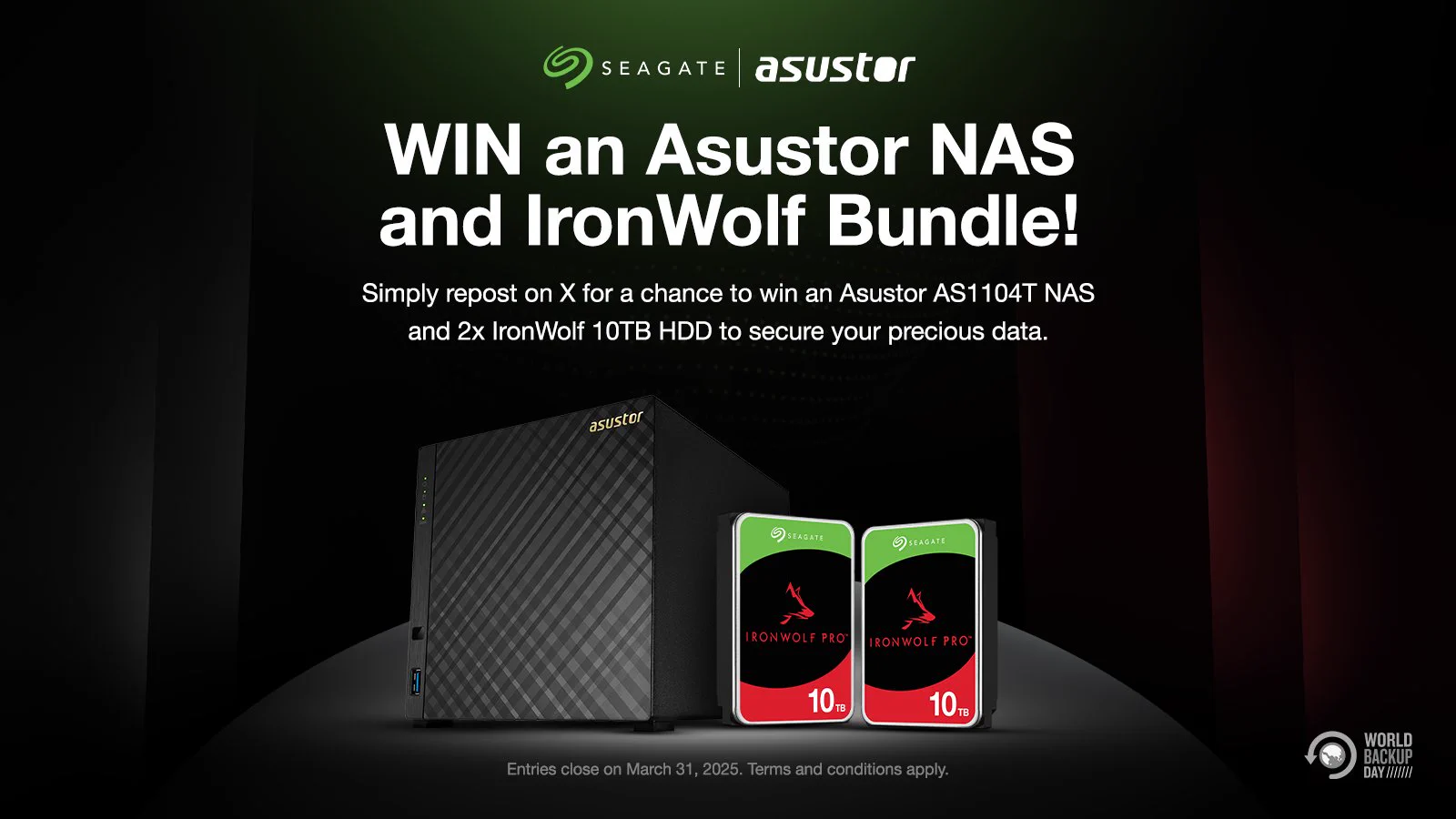 Win a @ASUSTOR Drivestor 4-Bay NAS with 2 Seagate IronWolf 10TB HDDs this @WorldBackupDay!Unlock max capacity &amp; unmatched speed. Repost &amp; follow us for a chance to win! Stay tuned for more.Only available in Asia Pacific. T&amp;Cs: https://t.co/s0xkyfoJzF#SeagateNAS #Giveaway https://t.co/Bc1Aj0q8cY