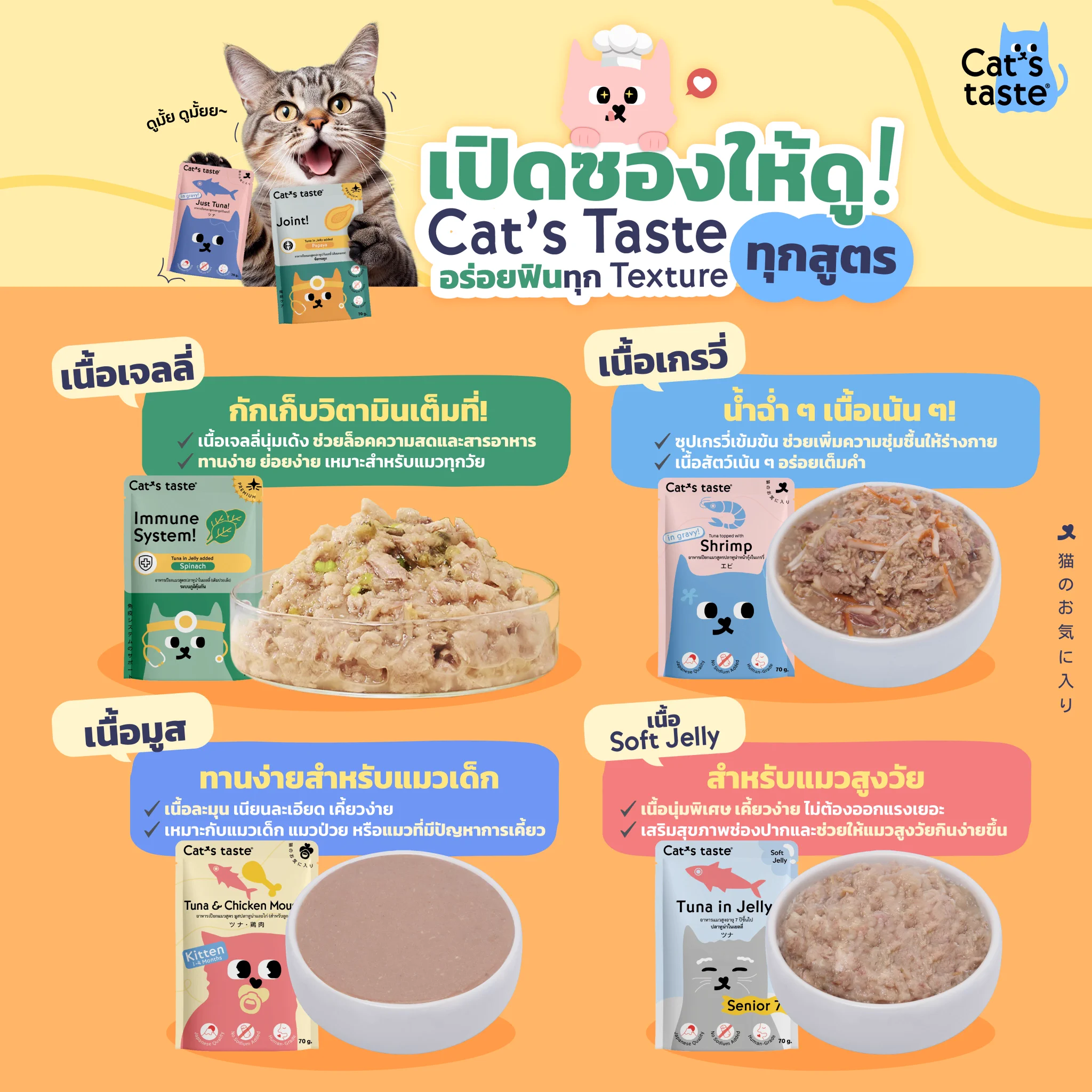 👀✨ เปิดซองให้ดู! Cat’s Taste อร่อยฟินทุก Textureไม่ว่าจะแมวเด็ก แมวสูงวัย หรือแมวสายเลือกกิน ก็มีให้เลือกแบบจัดเต็ม!🍽 เนื้อเจลลี่ – เนื้อฉ่ำ วิตามินแน่น เหมาะกับทุกวัย🍽 เนื้อเกรวี่ – ชุ่มน้ำซุป กลิ่นหอม เนื้อเต็มคำ🍽 เนื้อมูส – ละมุนลิ้น เหมาะกับแมวเด็ก / แมวป่วย🍽 เนื้อ Soft Jelly – เคี้ยวง่าย สำหรับแมวสูงวัย💡 จะแมวสายไหน Cat’s Taste ก็มีสูตรที่ใช่ให้เหมียวฟินได้ทุกวันพร้อมดูแลสุขภาพด้วยสารอาหารครบถ้วน อร่อยจนเหมียวต้องยอมสยบ!🛒 ไปตำกันได้แล้วที่🧡 Shopee: https://t.co/e9SPk0YP1n💜 Lazada: https://t.co/VHr4NfmsT9#Catstaste #อาหารแมว#Catstasteคิดมาแล้วให้แมวlove