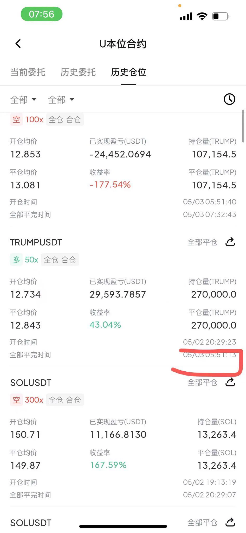 今晚真的是死全家了，少赚了几十万美元，12.4最低点做多的trump，我觉得要拉盘了涨到14，我仓位太重了，拿了一晚上，5.50最后一波洗多头，到了12.8把我吓到了我止损了，接着上涨13.3，恶心死了，我没有坚持自己的意识，一开始让朋友打我u，我加仓多单开了20多万个trump，我觉得下不去12.6，结果我12.8就止损了，这个单子拿上去最起码账户40万u，太可惜了，我继续开多了，今天14没问题，我得坚定自己的盘感，一旦深夜拉盘我信念不坚定，质疑自己的操作，做短线高杠杆交易的痛苦无人能体会，我也是人，仓位快爆的时候心情也差的啥也不想干，最难受的不是亏钱，而是错过…本来可以赚的没相信我自己，太气了