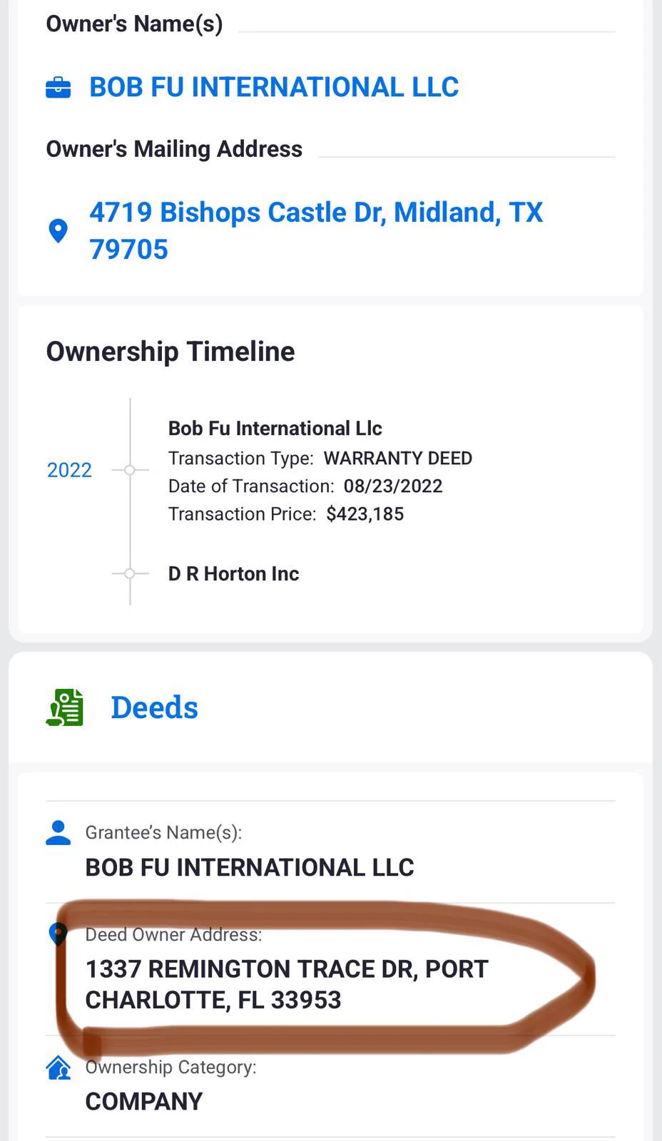 傅希秋第七套房曝光！地址为佛州：1337 Remington Trace Dr, Port Charlotte, FL 33953，2022年8月23日购入，购买价格42.3万美元。房主为Bob Fu International Llc，通讯地址为傅希秋在米德兰市的地址。 https://t.co/ExEOWoU649