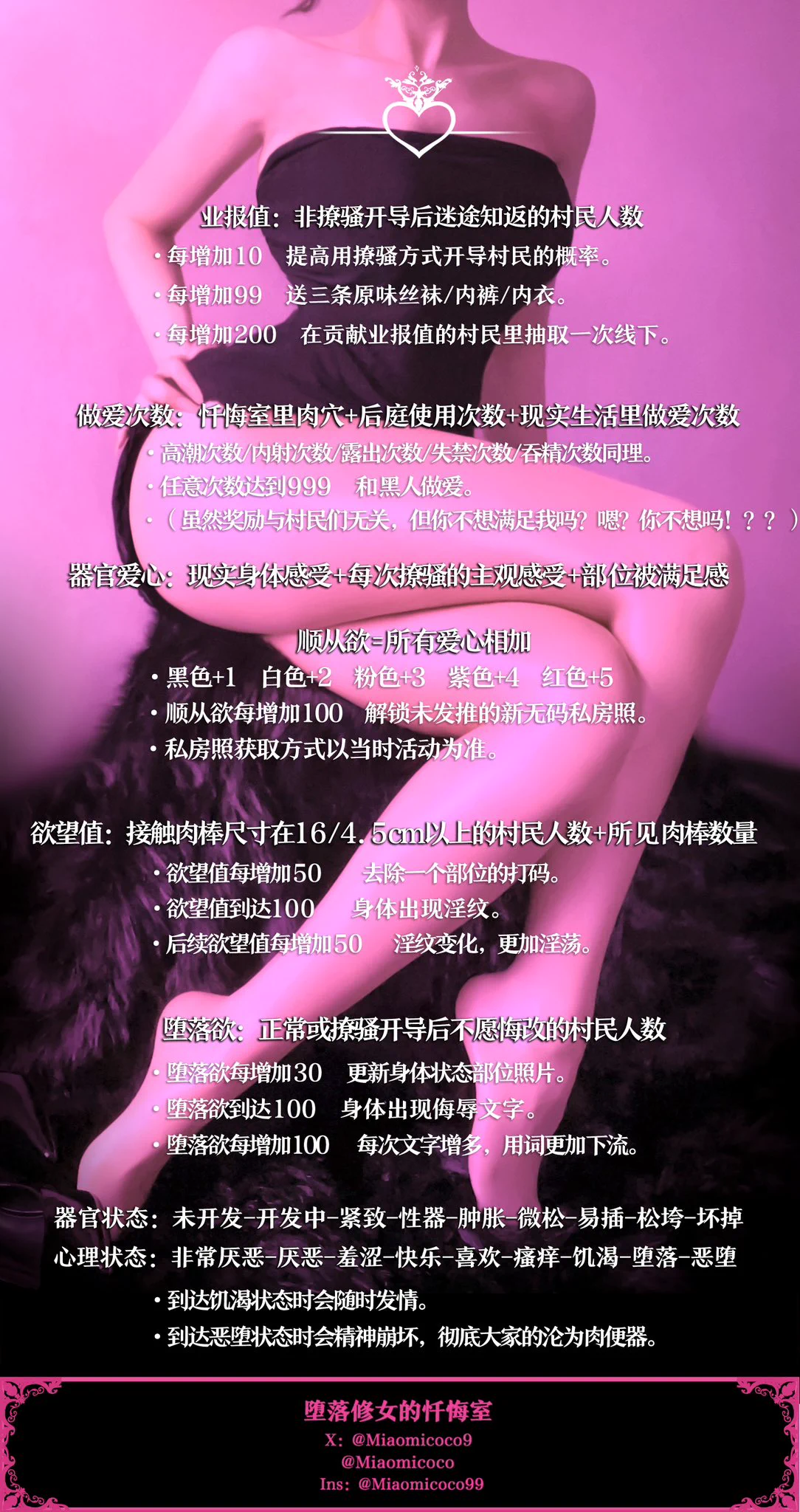 忏悔室食用指南：1.请称呼我为修女小姐2.你可以自设身份 你可以是村民 可以是恶霸 酒鬼 甚至可以是哥布林3.我不介意黄腔 但为了开黄腔而开黄腔的私信我不会回复4.故事可以编 只要剧情逻辑合理5.身体状态图每周更新一次6.不定时活动 请多在评论区互动7.关注成为村民后均可私信 https://t.co/MbZP27jve0