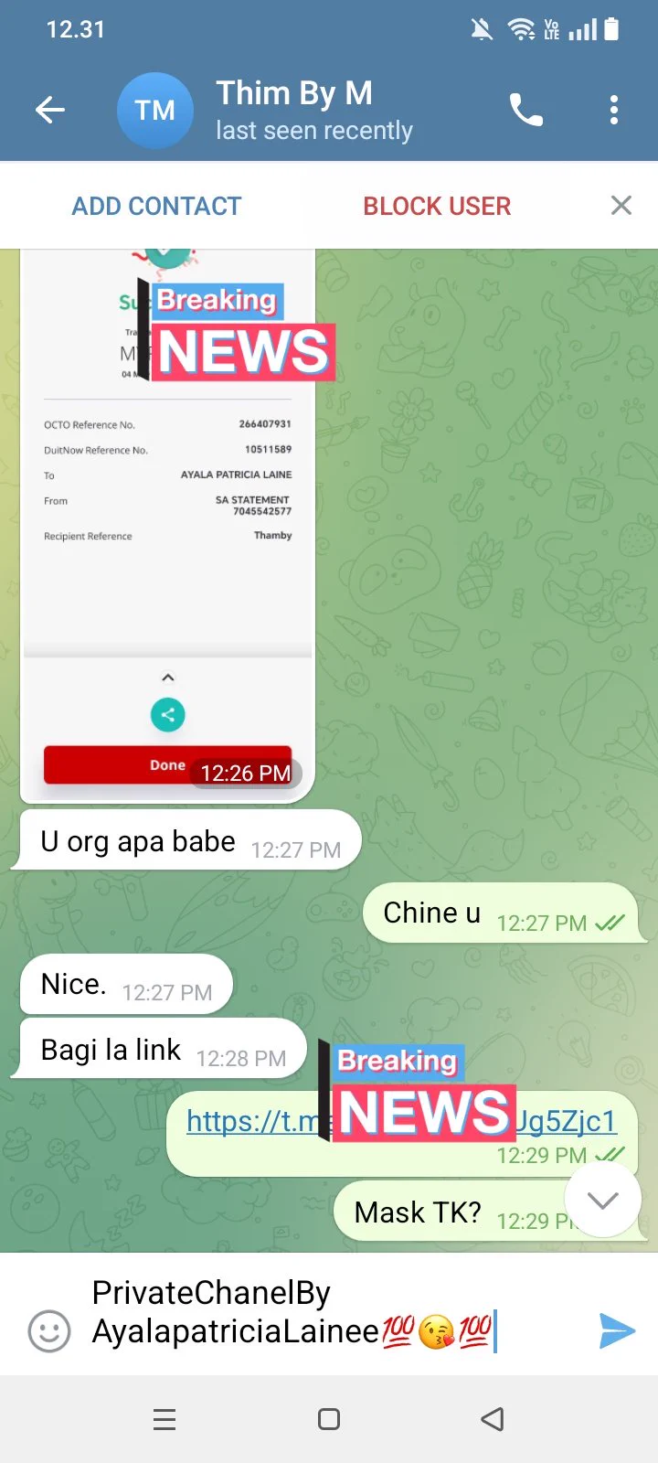 Testi Private Chanel lgi Yee u yng NK join grup Roger je kt tele Yee ramaipun hehehh😋😘 https://t.co/6YUGExcJBe
