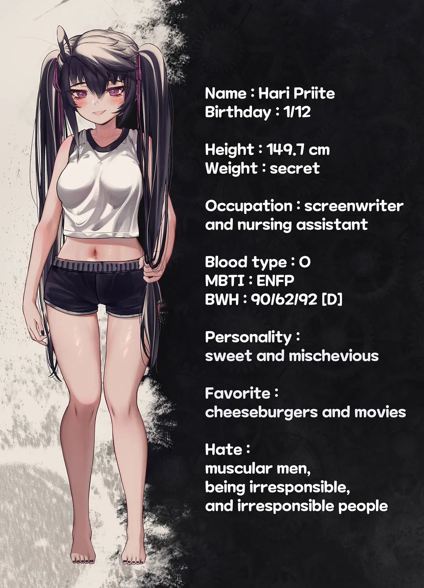🖤 Hari — sweet &amp; mischievous 💜 Screenwriter, nursing assistant… and your favorite tease 🍔 Loves burgers, movies, and flustering you 📅 Art: Mon / Wed / Fri (US) → Tue / Thu / Sat (KST) #OC #HariPriite #ShortStack https://t.co/eJ7CKM8Hws