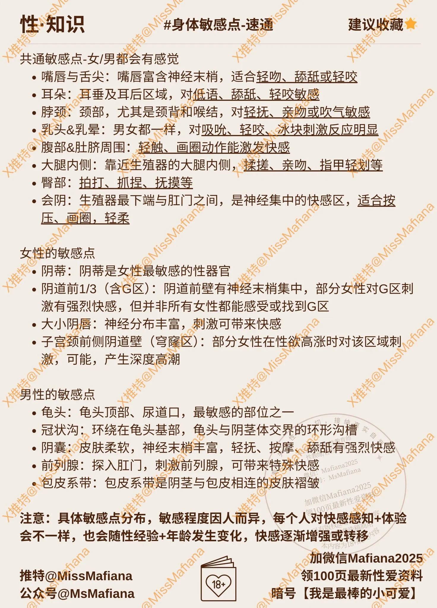 身体敏感区🌟小知识敏感区能带来更强的感觉，不过人和人感知差距很大，尤其女性快感区，目前仍有争议（男性部分也有）并且，快感的感觉，会随着性经验、年龄变化而变化注意🤔性快感是涉及生理+心理的刺激，所以只找敏感点是不够的，也需要配合一些 Dirty Talk 技巧👉 https://t.co/dQJ3Af172B https://t.co/Poc9PUhznC