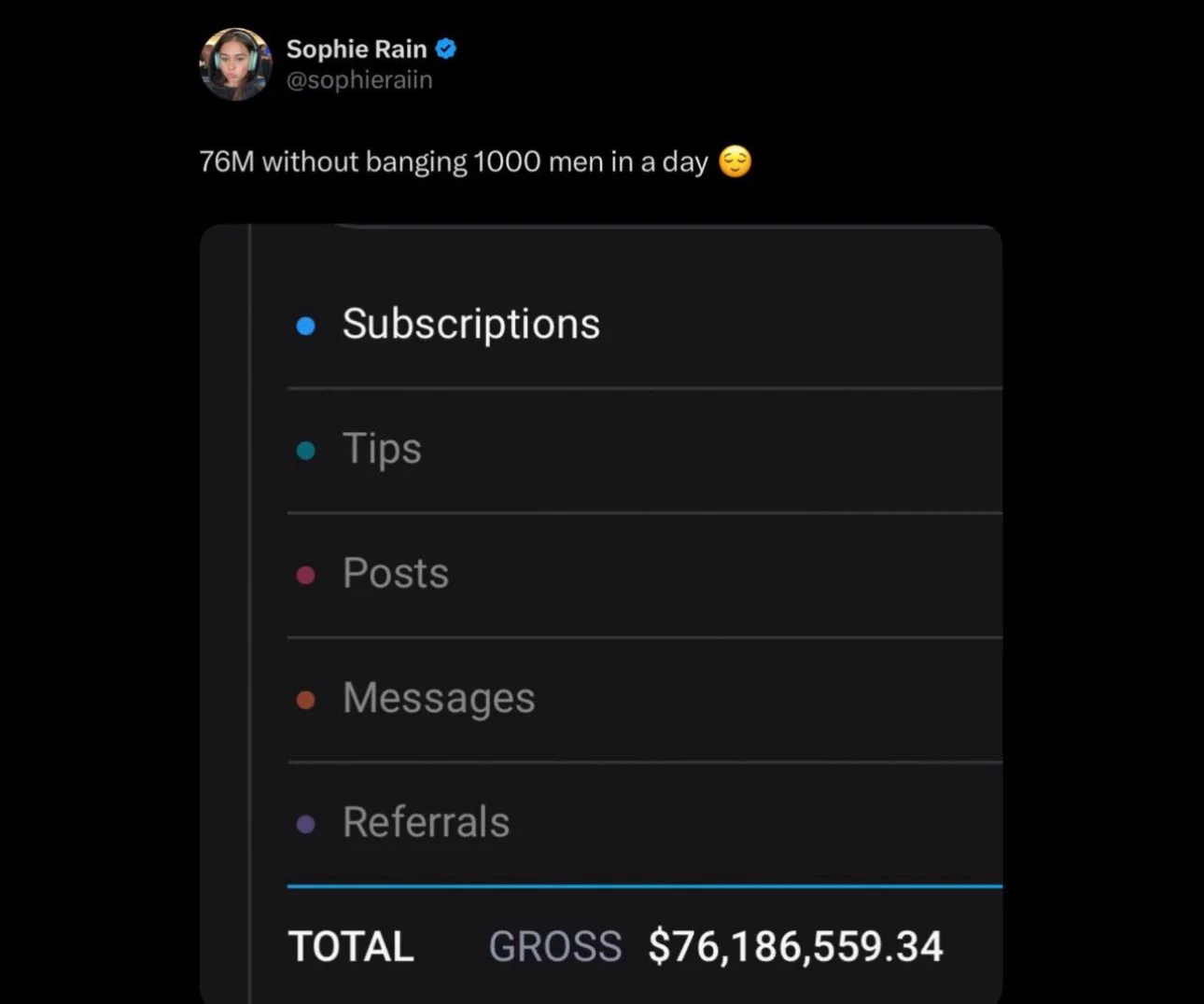 Sophie Rain throws shots at Bonnie Blue, showing she made $76M on OnlyFans without sleeping with 1,000 men in a day 😳 https://t.co/JZG3CDqjmU