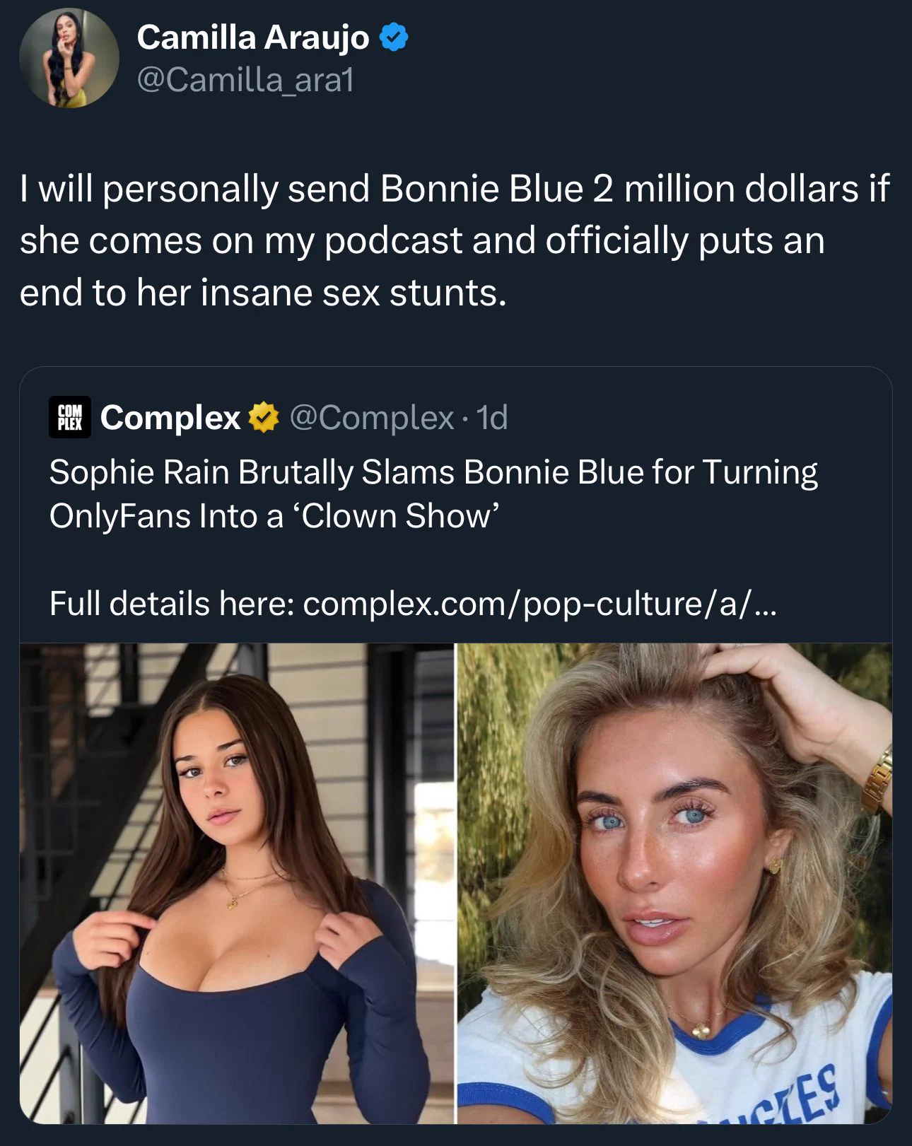 OF Star, Camilla Araujo, offers Bonnie Blue $2 million to put an end to her 1000 men stunts 😳 https://t.co/B8KHsaz1Cg