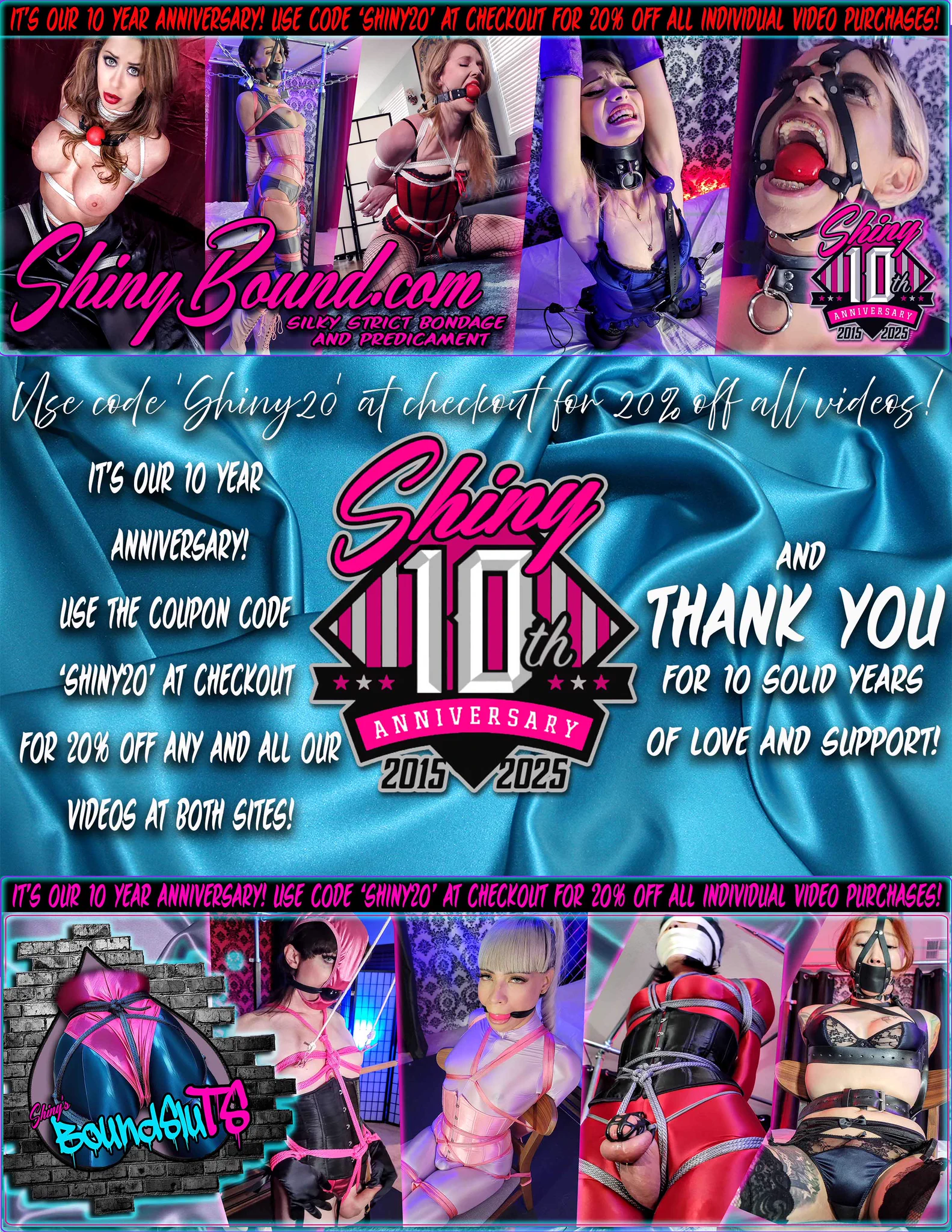 Hey there friends! In celebration of 10 fantastic years in business, we are giving everyone 20% off our already lower than c4s prices on our entire video libraries from BOTH sites. Use the code 'SHINY20' at checkout and stock up on all of your favorite ShinyBound videos! 🔥🔥 https://t.co/8wI1fyVMbE