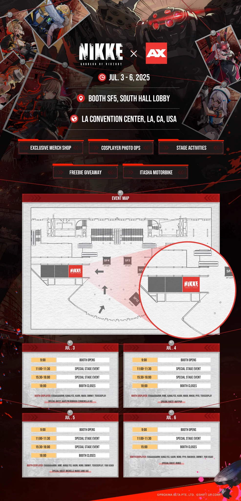 【NIKKE Anime Expo 2025 Details】

Commanders, come hang out with us at the NIKKE Anime Expo booth! 🎉

📅 Date: July 3rd ~ July 6th, 2025 (PT)
📍 Location: Booth SF5, South Hall Lobby, LA Convention Center 🗽

💥 Special guests and amazing cosplayers will join us for a variety of exciting activities—check the image below for more details!

In addition, original NIKKE merchandise will be available for purchase during this event!
Don’t miss out—follow us for more updates!

#NIKKE
#NIKKEAX2025
#NIKKEcosplay
#AX2025