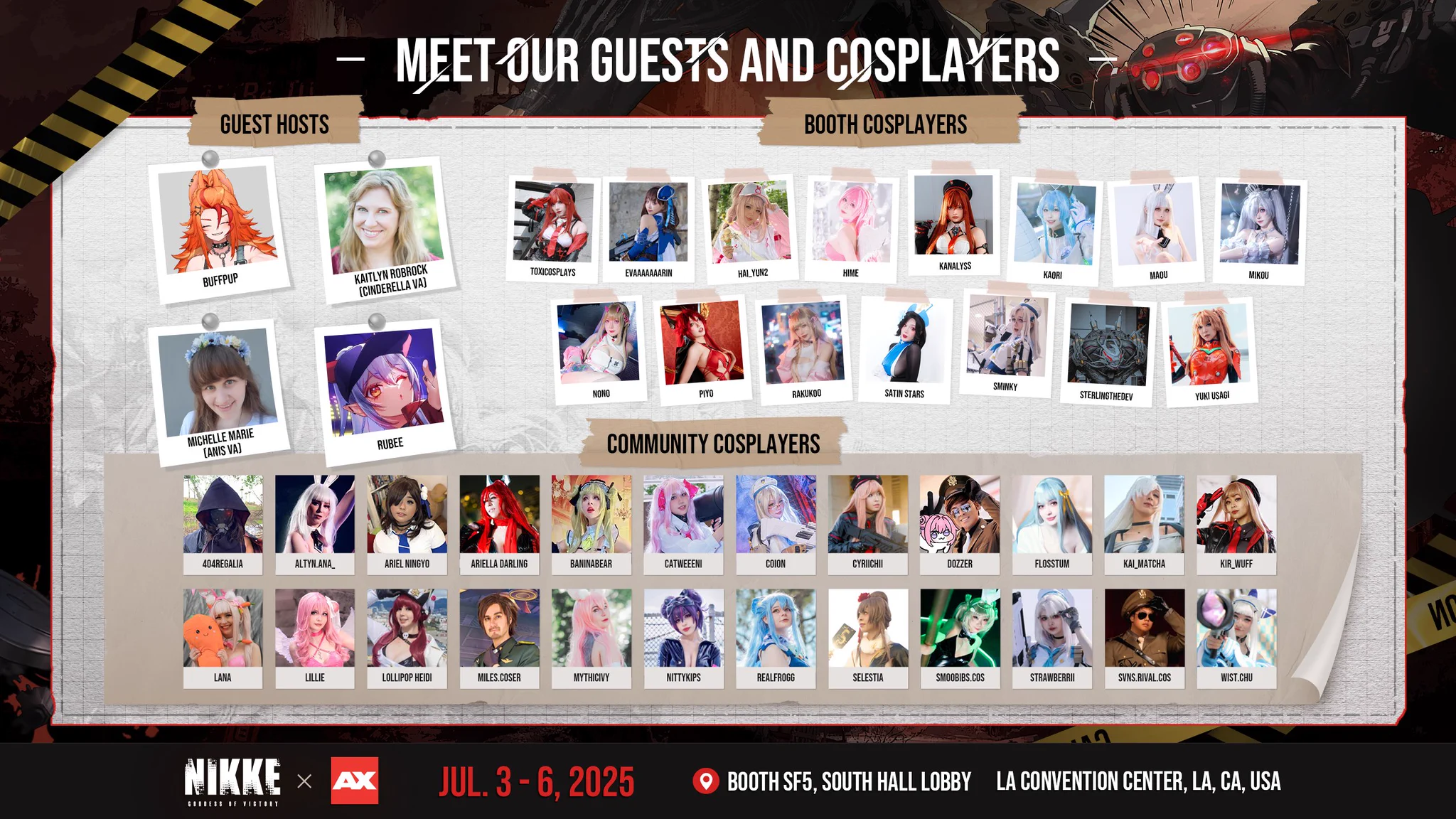 【NIKKE Anime Expo 2025 Details】

Commanders, come hang out with us at the NIKKE Anime Expo booth! 🎉

📅 Date: July 3rd ~ July 6th, 2025 (PT)
📍 Location: Booth SF5, South Hall Lobby, LA Convention Center 🗽

💥 Special guests and amazing cosplayers will join us for a variety of exciting activities—check the image below for more details!

In addition, original NIKKE merchandise will be available for purchase during this event!
Don’t miss out—follow us for more updates!

#NIKKE
#NIKKEAX2025
#NIKKEcosplay
#AX2025