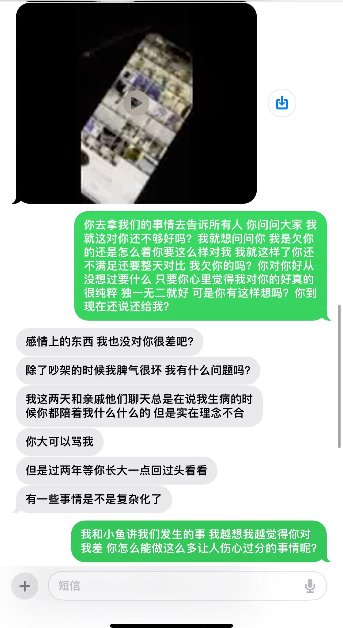 一开始就是为了赚钱拍视频 难道你不是吗？后面情不自禁喜欢上你了 你说你忘不掉你前女友 于是你一边和我谈一边和她谈 后面你说你选择我 我们就同居了 同居我一直都在照顾你 冬天你的衣服都是我帮你穿 对你好 你是怎么对我的？我在医院累死累活照顾你 你还和我发脾气 我休息不好睡死了没及时叫护士这件事情被你埋怨好久 你丝毫不提我在医院照顾你的一个多星期有多么累 每次吵架都要和我说分手 嚷嚷着要回你家 天天就得我哄着你我顺着你 大哥我也是人啊 节日转账我永远比你多 心情不好我永远耐心问你怎么了 就这样你还拿我前任出来 说我给你的不够多 还说你前任成熟啥的 拿我们对比 吵架朝我身边摔东西 还骂我 和我做爱不经过我同意内射害得我吃了最少两次紧急避孕药 这些我都没有发到推特上面说你 让你割包皮 因为我和你做爱总是细菌感染妇科病 你说啥都不愿意 我哄着你 还说我给你报销你才勉强答应 （但是一直都没有割）我心疼你衣服少 给你买你日常穿的衣服 我对你几乎有求必应 甚至你的内裤都是我买的 视频群是我宣发 但是我还是分你一半的钱 你上次和我吵架摔自己手机 你现在用的手机都是我给你的 真的气的我手都在抖 我就想知道我到底对你哪里不好 你还说挽留？搞笑 我们在一起快一年 你什么时候说过我们不要分手 你别走 我们好好在一起之类的话 我们的感情全要靠我来维系 你有为这段感情改变过一点吗？永远是我在低头我在认错 总是说让我想想自己的问题 我让你想想你就说你没有错 我们吵架录的录音也有 你在录音里怎么对我的  情绪一激动就和我大喊大叫  我想问问我到底做错了什么你告诉我 我对你哪里不好 你竟然还在短信这里说我给你过你什么还给我？我对你的好你只然不提 分手了也没有诋毁你 我过我自己的日子 我早知道你这样我说什么也不愿意来贵州 变的人一直都是你 我还不算仁至义尽吗
