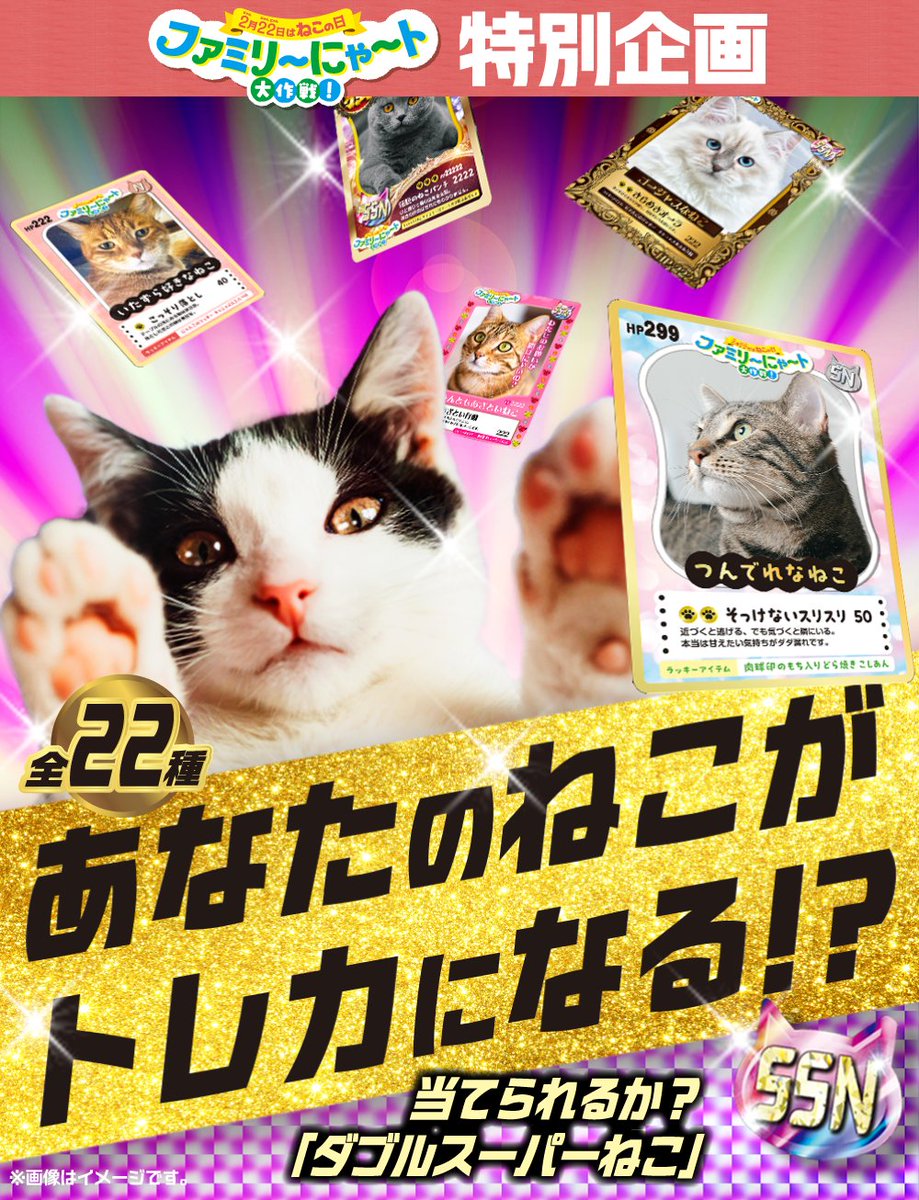 ⊹┈┈┈┈┈⊹
あなたのねこが
   トレカに⁉️
⊹┈┈┈┈┈⊹

写真をアップすると
世界に1枚のねこトレカが完成🎴
どんなカードかは運次第。激レアカードも⁉️

🔽今すぐ遊んでみて
https://t.co/hRoQBYRtzW

さらに、作るといいことが…❓リプに続く

#ねこの日 #猫の日 #ファミリ～にゃ～ト大作戦 https://t.co/0GVv0IvfqJ