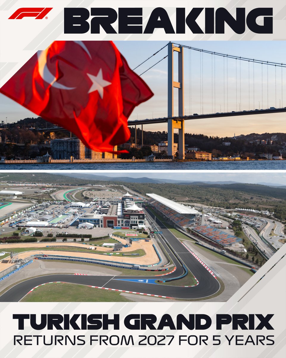 BREAKING: The Turkish Grand Prix will return to the calendar from 2027 as part of a new five-year agreement 🇹🇷

#F1 #TurkishGP https://t.co/MAfhrOCnTH